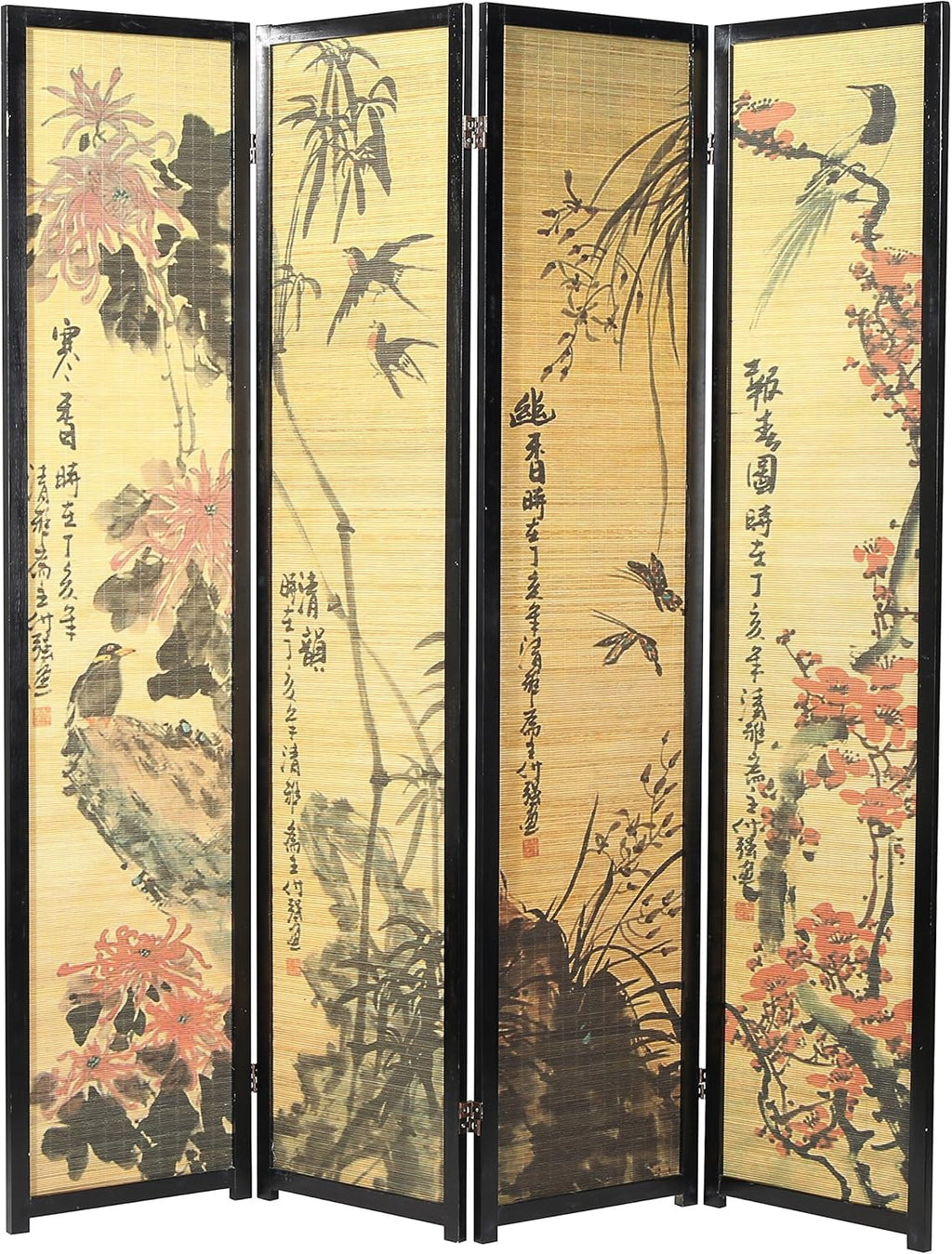 MyGift Decorative 4 Panel Folding Room Divider Bamboo Screen with Chinese Calligraphy Design, 6FT Freestanding Floral Artwork Room Partitioner with Black Wood Frame