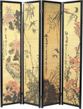 MyGift Decorative 4 Panel Folding Room Divider Bamboo Screen with Chinese Calligraphy Design, 6FT Freestanding Floral Artwork Room Partitioner with Black Wood Frame