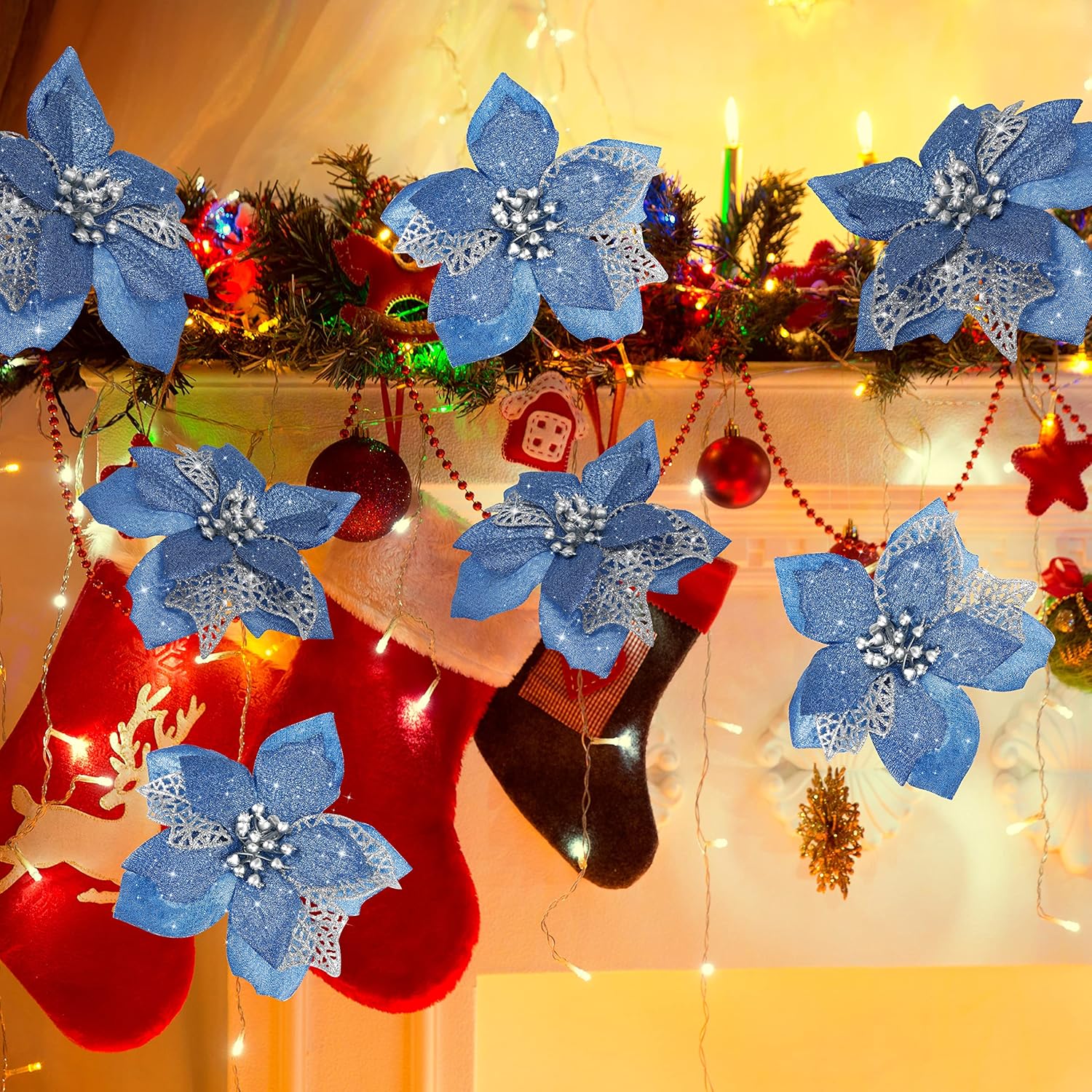 12 PCS Poinsettia Flower Artificial Poinsettia Christmas Decoration 5.9'' Blue Glitter Poinsettias Christmas Ornaments Christmas Tree Flower Decor with Clips DIY Xmas Wreath Holiday Home Party Decor
