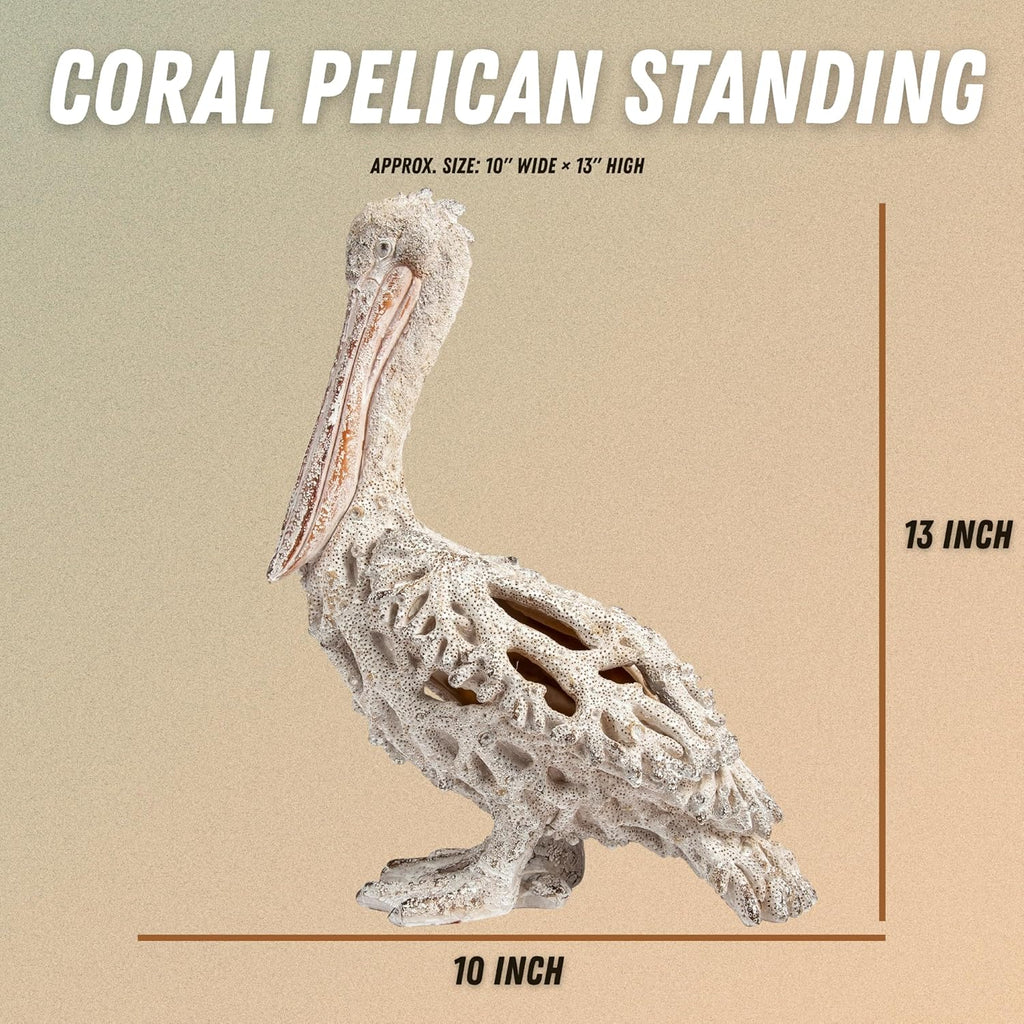 White Pelican Standing Figurine - 13.75” Coral Reef Nautical Decor Coastal Beach Home Accent Ocean Statue for Shelf, Tabletop, or Mantel Display