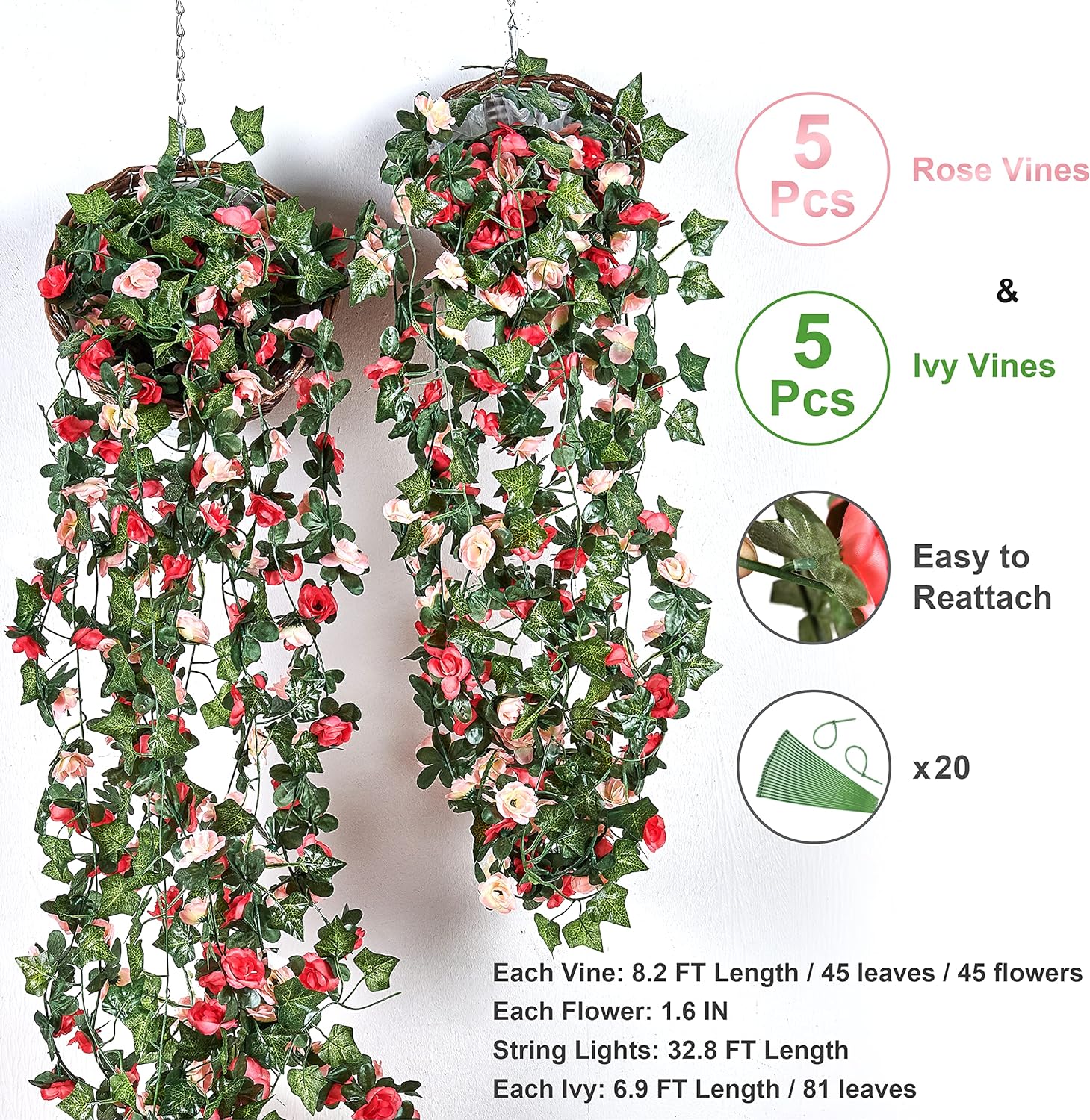BLEUM CADE 5 Pcs 41Ft Flower Garland Artificial Rose Vines with 5 Pcs 34.5Ft Fake Ivy Vines, Hanging Fake Flower Vines for Wedding Party Valentines Day Christmas Wall Room Decor Aesthetic