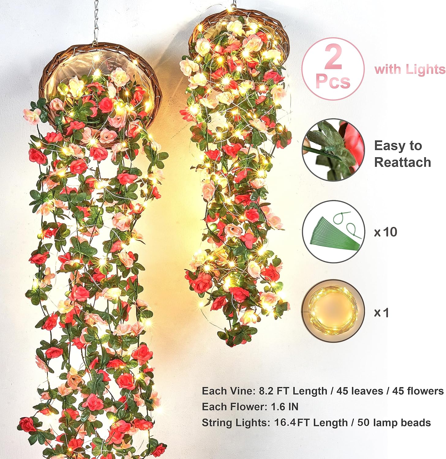 BLEUM CADE 2Pcs 16.4Ft Flower Garland Artificial Rose Vines with 16.4Ft String Lights, Cute Fake Hanging Flower Vines Floral Garland Decorations for Wedding Party Wall Room Decor Aesthetic