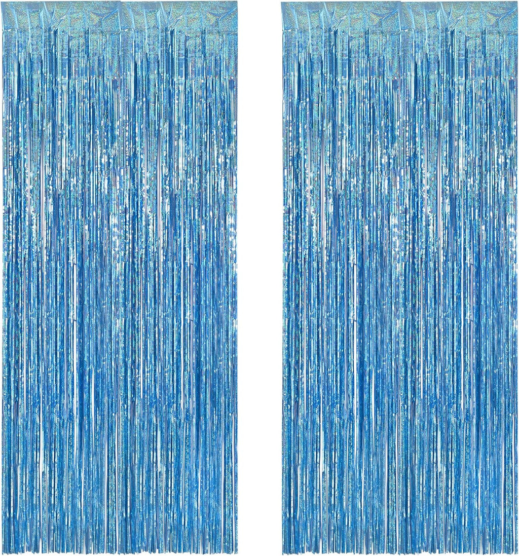 BRAVESHINE Light Blue Tinsel Foil Fringe Curtains - 2Pcs 3.2x8.2 ft Metallic Holiday Streamers Backdrop for Christmas/Winter’s Snowflake/Frozen/Birthdays/Mermaid/Bachelorette/Engagement Party Decor