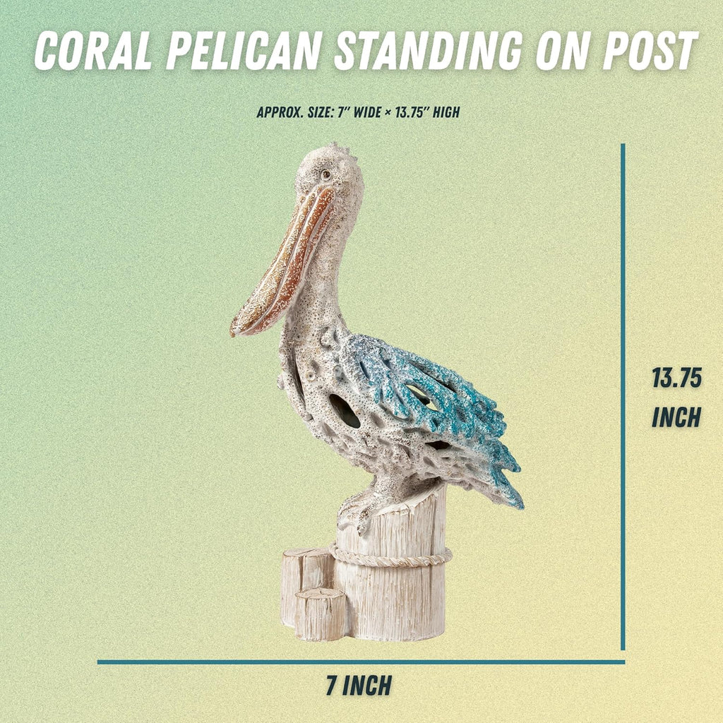 Blue Pelican on Post Figurine – 13.75” Coastal Nautical Decor, Coral Reef Ocean Statue for Beach Home Accent, Shelf, Mantel, or Tabletop Display