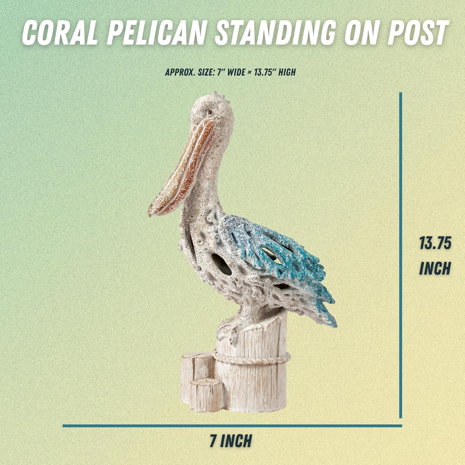 Blue Pelican on Post Figurine – 13.75” Coastal Nautical Decor, Coral Reef Ocean Statue for Beach Home Accent, Shelf, Mantel, or Tabletop Display