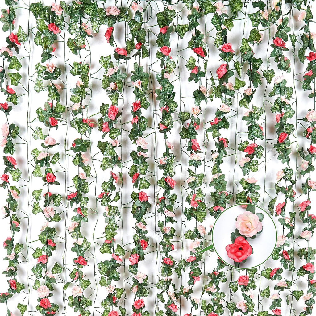 BLEUM CADE 5 Pcs 41Ft Flower Garland Artificial Rose Vines with 5 Pcs 34.5Ft Fake Ivy Vines, Hanging Fake Flower Vines for Wedding Party Valentines Day Christmas Wall Room Decor Aesthetic