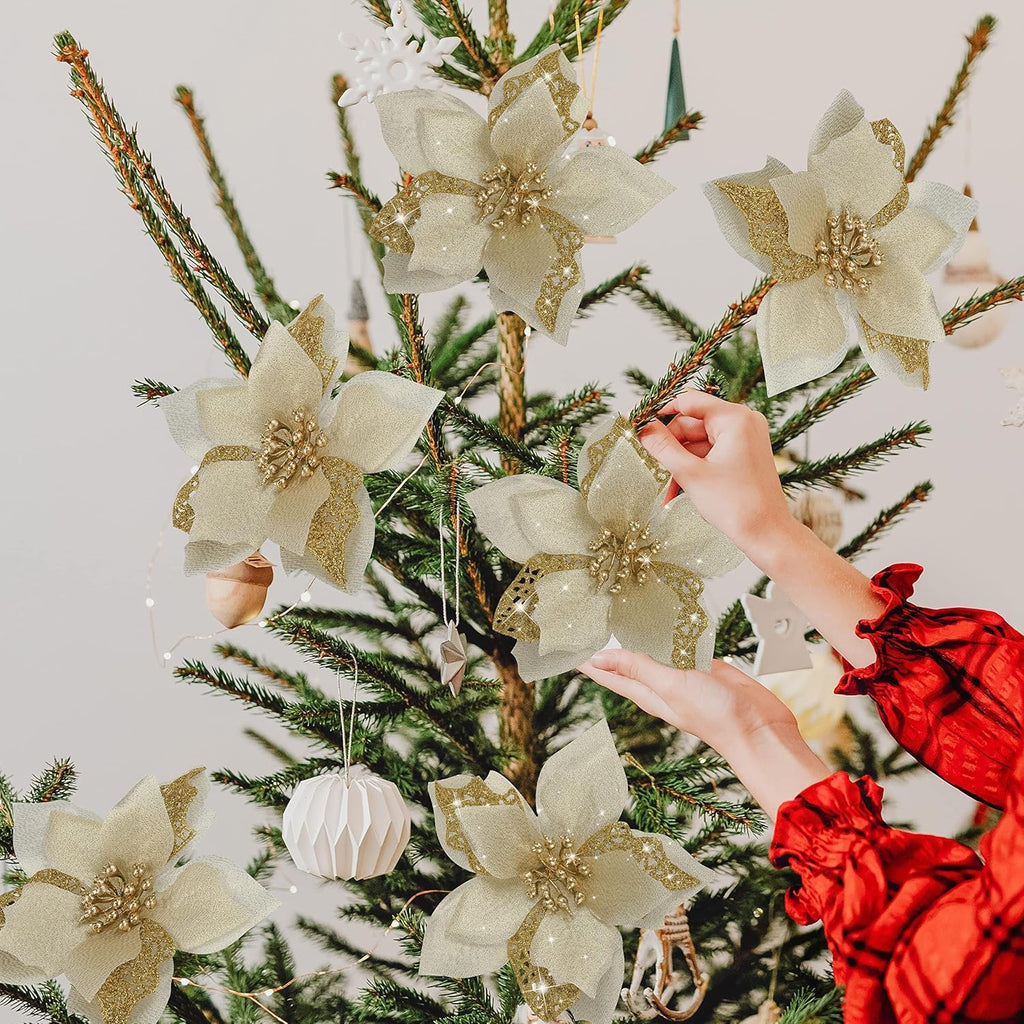 Childom 12 PCS Poinsettia Flower Artificial Poinsettia Christmas Decoration 5.9'' Gold Glitter Poinsettias Christmas Ornaments Xmas Tree Flower Decor with Clips DIY Xmas Wreath Holiday Home Party
