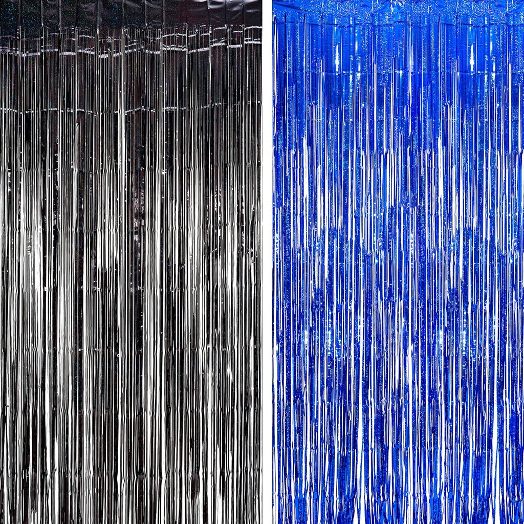 Foil Fringe Curtain Party Decorations - Black Blue Metallic Tinsel Photo Booth Backdrop Party Steamers Curtains for Birthdays Christmas New Years Homecoming Decoration