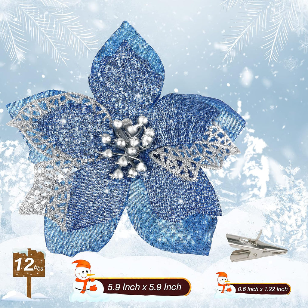 12 PCS Poinsettia Flower Artificial Poinsettia Christmas Decoration 5.9'' Blue Glitter Poinsettias Christmas Ornaments Christmas Tree Flower Decor with Clips DIY Xmas Wreath Holiday Home Party Decor