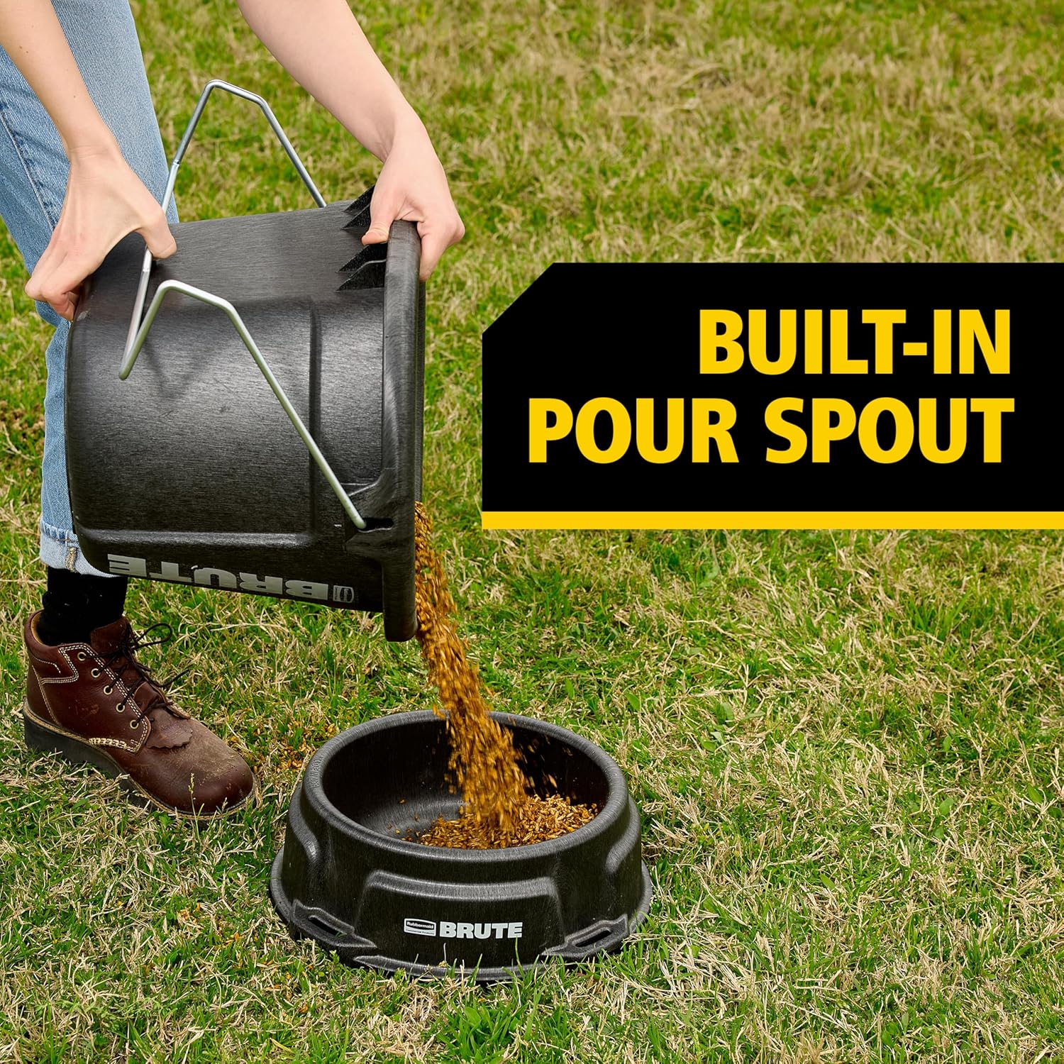 Rubbermaid Commercial Products Brute 2-Gallon 3-in-1 Flat-Back Feed Bucket with Hook-Hang-Carry Handle, RigidCell Strength, Pour Spout, USA Made for Horse & Livestock