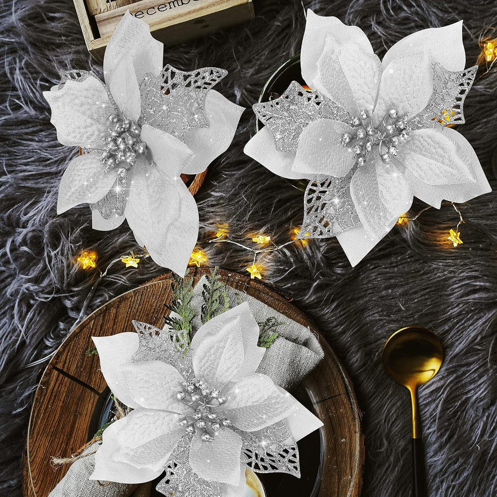 Childom 12 PCS Poinsettia Flower Artificial Poinsettia Christmas Decoration 5.9'' Silver Glitter Poinsettias Christmas Ornaments Xmas Tree Flower Decor with Clips DIY Xmas Wreath Holiday Home Party