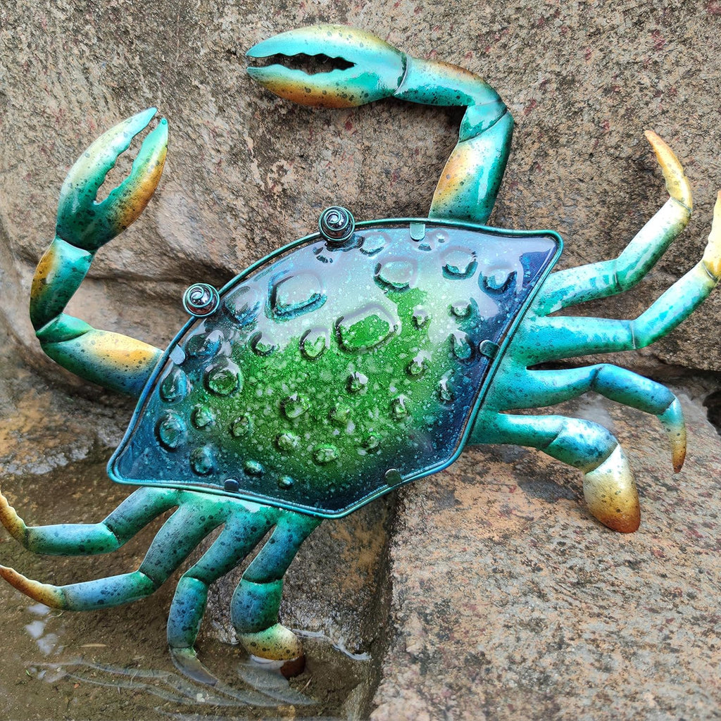 JOYBee 17.2Inch Large Metal Crab Wall Art Decor,Decoration for Outdoor Indoor,Nautical Hanging Art Blue Green Stained Glass with Metal for Garden Pool Patio Balcony Kitchen or Bathroom