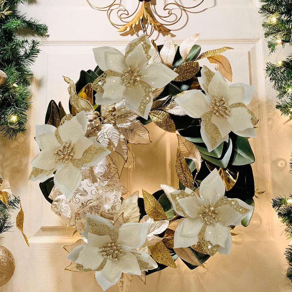 Childom 12 PCS Poinsettia Flower Artificial Poinsettia Christmas Decoration 5.9'' Gold Glitter Poinsettias Christmas Ornaments Xmas Tree Flower Decor with Clips DIY Xmas Wreath Holiday Home Party