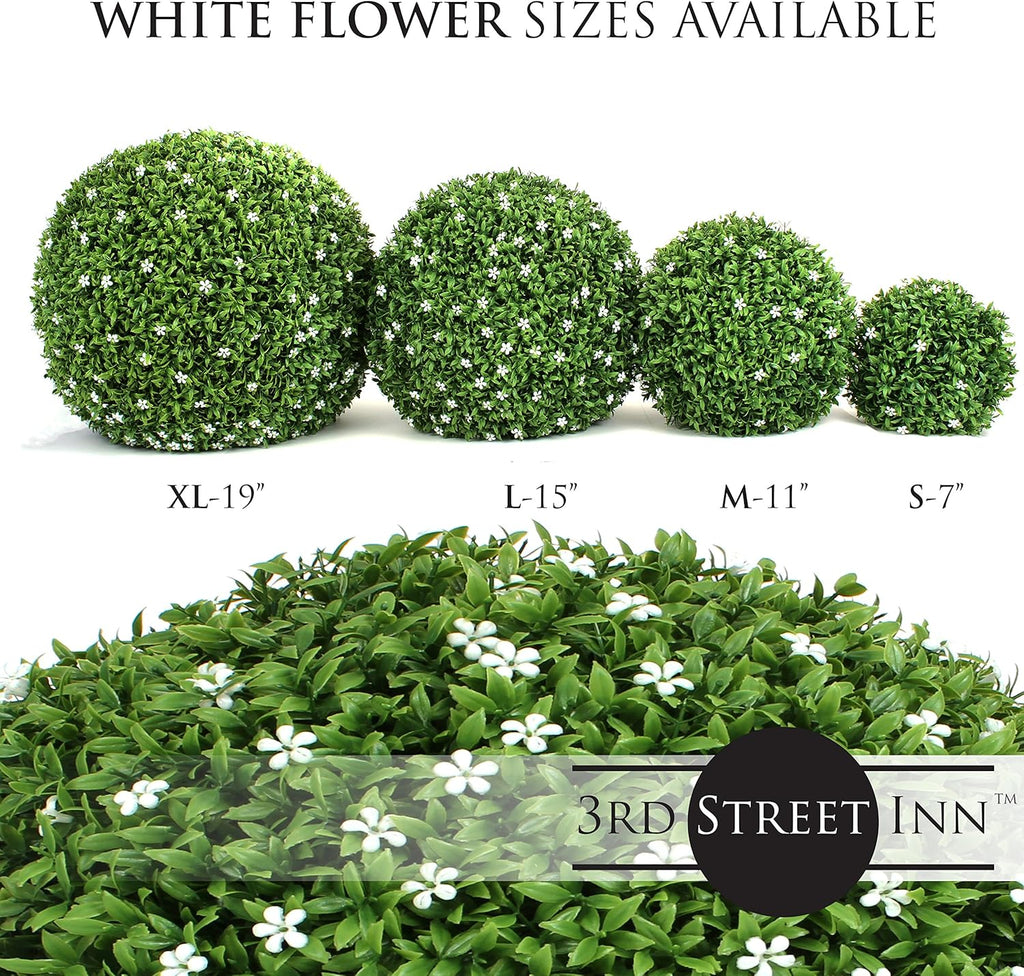 3rd Street Inn Medium White Flower Grass Topiary Ball - Artificial Plant Set - Indoor/Outdoor Wedding Party Decor - Faux Foliage Garden Sphere - Tree and Bush Substitute (11", 6 Pack)