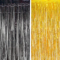 BRAVESHINE Black Gold Foil Fringe Curtain Backdrop - 2 Pack 3.2 x 8.2 ft Metallic Tinsel Photo Booth Streamers Curtains for 50th Birthdays Christmas New Years Anniversary Graduates Party Decorations