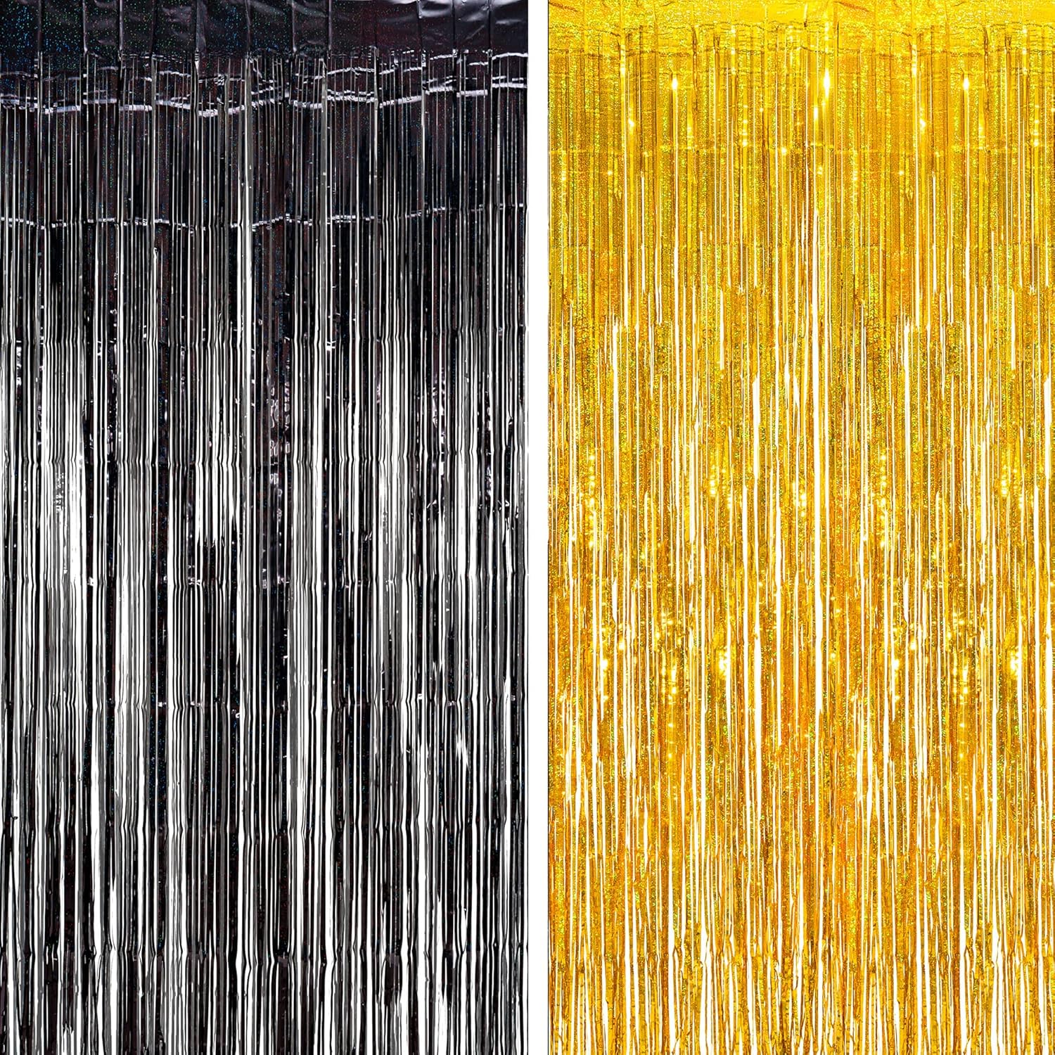 BRAVESHINE Black Gold Foil Fringe Curtain Backdrop - 2 Pack 3.2 x 8.2 ft Metallic Tinsel Photo Booth Streamers Curtains for 50th Birthdays Christmas New Years Anniversary Graduates Party Decorations