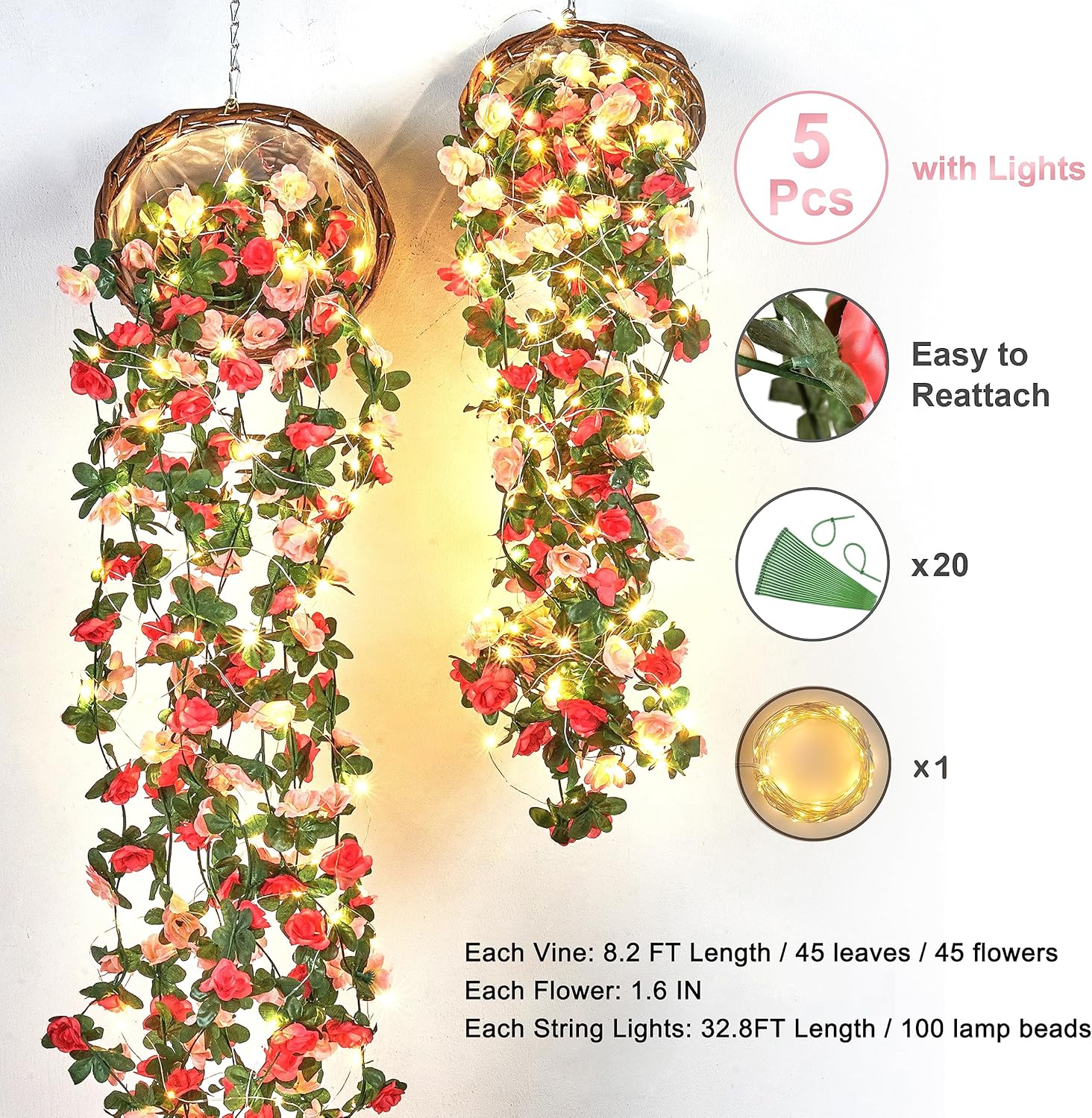 BLEUM CADE 5Pcs 41Ft Flower Garland Artificial Rose Vines with 32.8Ft String Lights, Cute Fake Hanging Flower Vines Floral Garland Decorations for Wedding Party Wall Room Decor Aesthetic