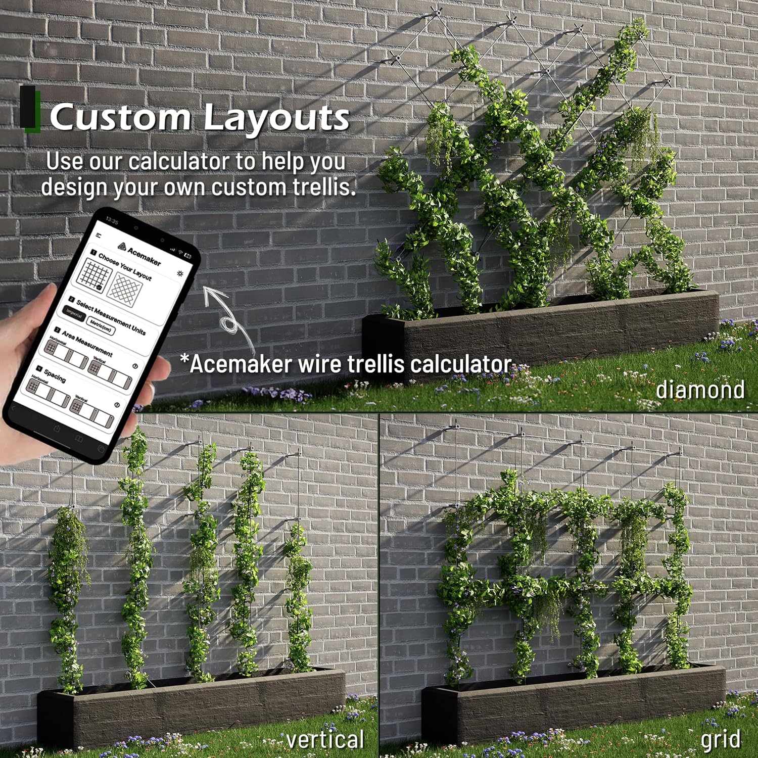 Wire Trellis for Climbing Plants Outdoor, 30-Set Wall Wire Trellis Kit with 1/8in x 150ft Stainless Steel Cable, T316 Espalier System for Fence and Garden DIY Projects