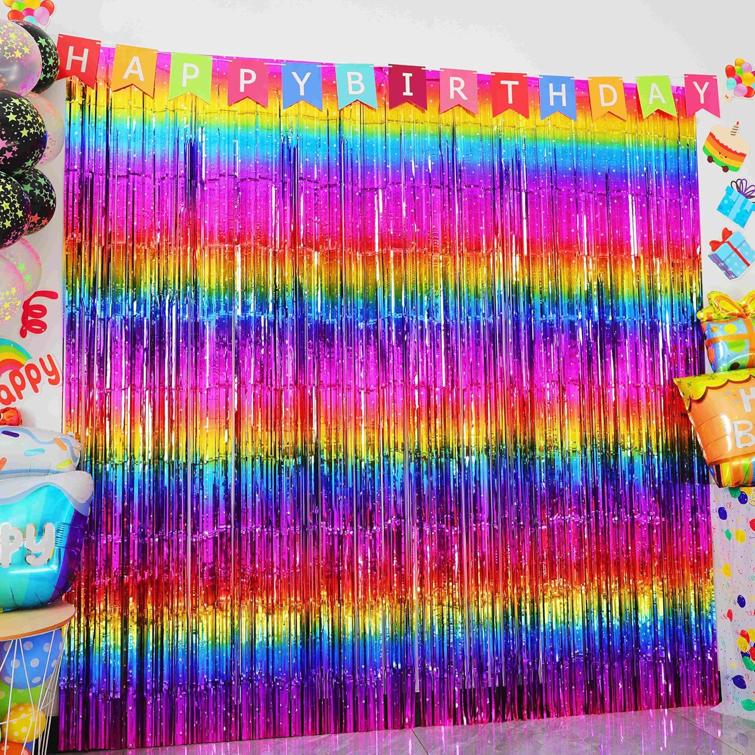 Pack of 4 Sparkly Neon Rainbow Foil Fringe Curtain Backdrop Metallic Streamers Photo Booth Props for Birthday Bachelorette Gay Pride Day Graduation Wedding 80s 90s Disco Party Decorations -3.3x6.6Ft