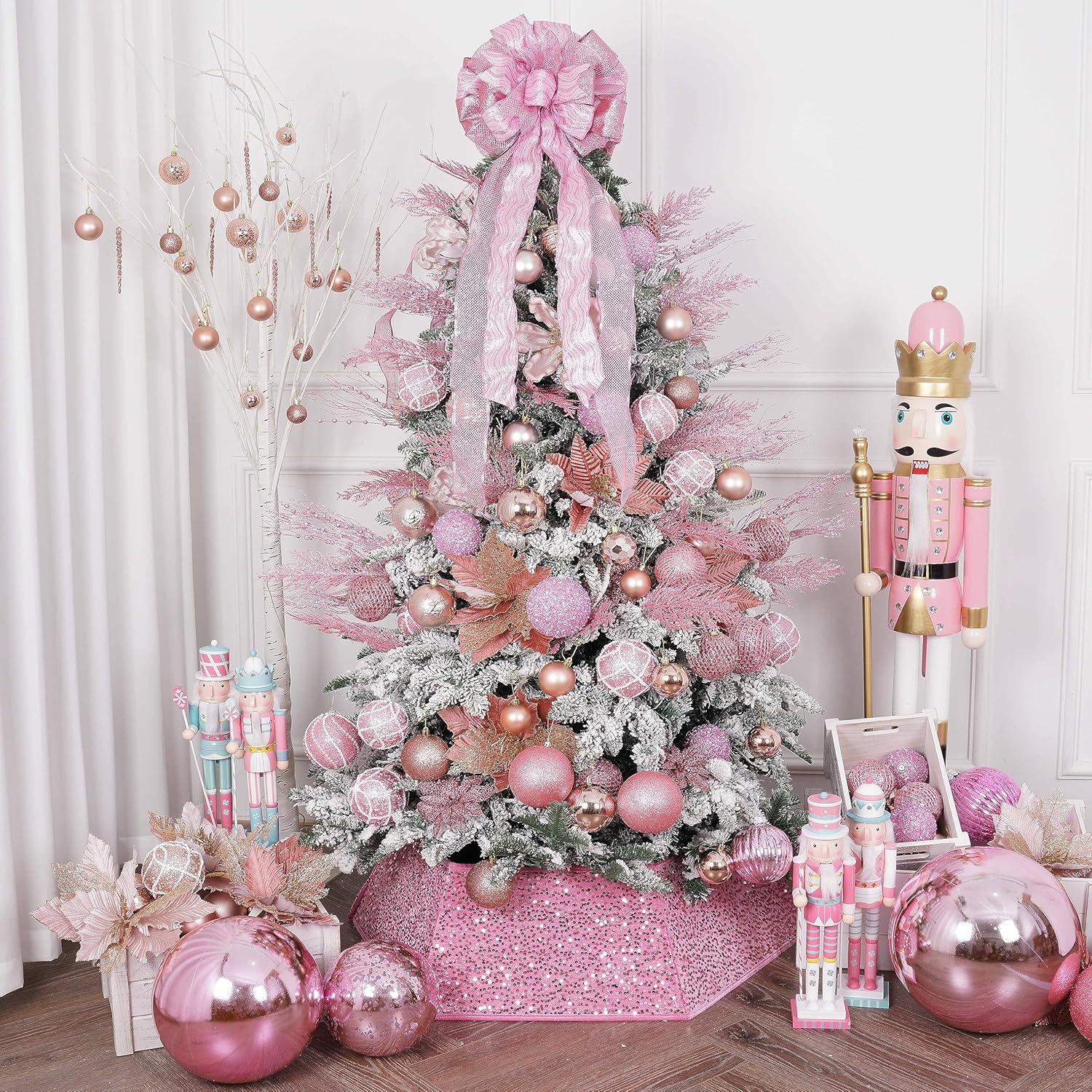 Christmas Glitter Stems 24pcs Artificial Pine Tree Picks for Christmas Tree Ornaments fillers, DIY Xmas Wreath, Crafts, Garland, Holiday, Party, Wedding and Home Decoration (Pink)