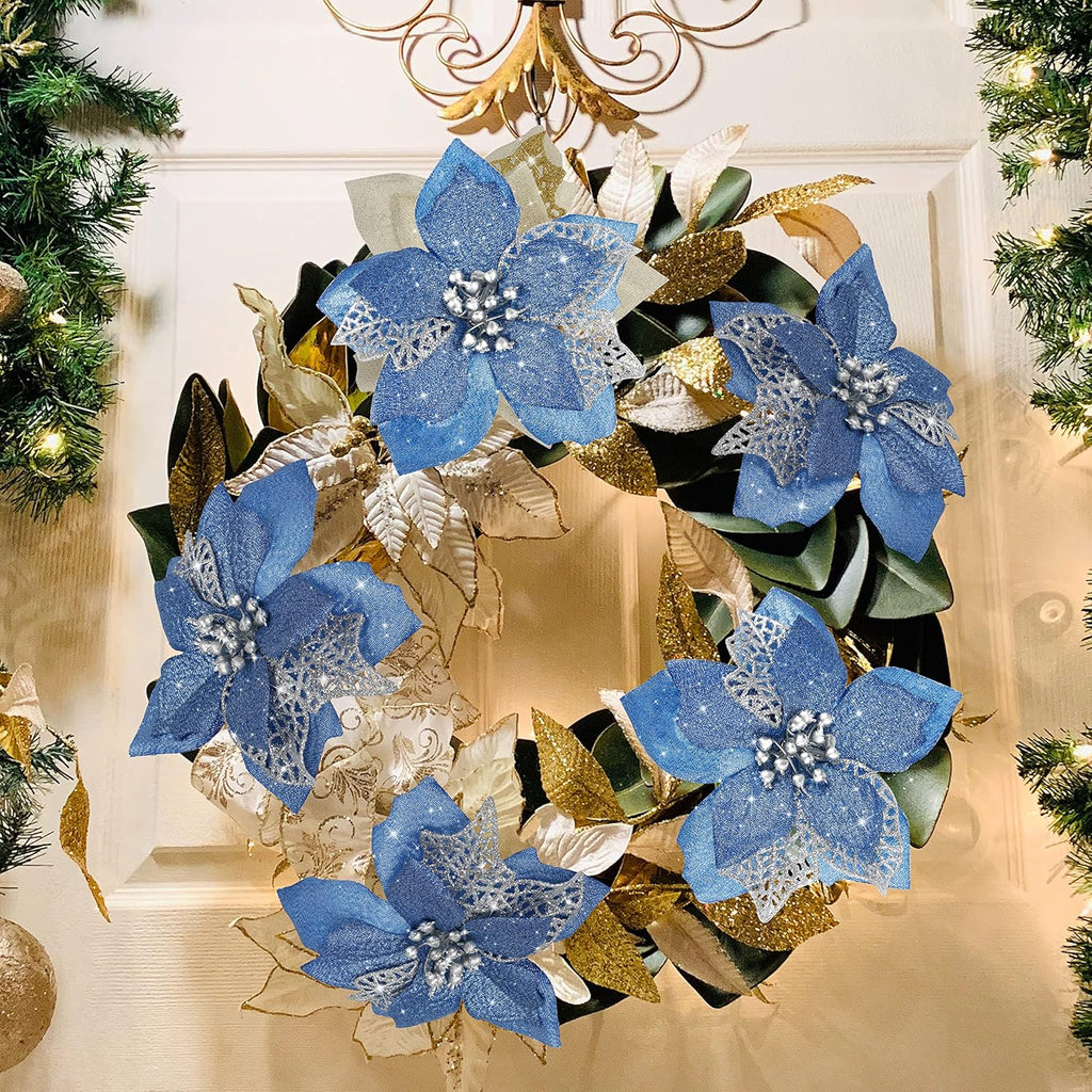 12 PCS Poinsettia Flower Artificial Poinsettia Christmas Decoration 5.9'' Blue Glitter Poinsettias Christmas Ornaments Christmas Tree Flower Decor with Clips DIY Xmas Wreath Holiday Home Party Decor