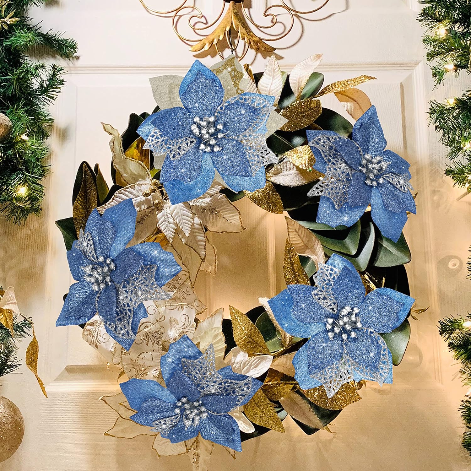 12 PCS Poinsettia Flower Artificial Poinsettia Christmas Decoration 5.9'' Blue Glitter Poinsettias Christmas Ornaments Christmas Tree Flower Decor with Clips DIY Xmas Wreath Holiday Home Party Decor