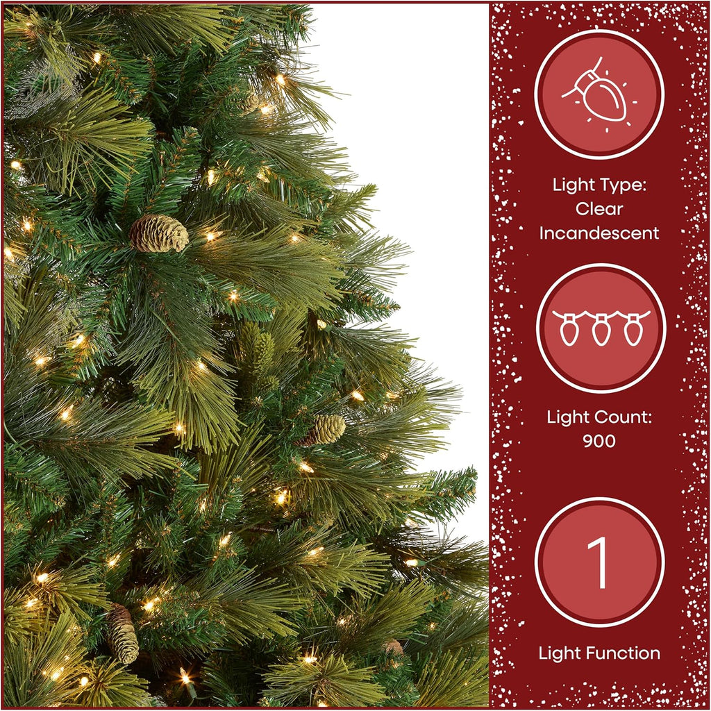 National Tree Company 9 ft Pre-Lit Carolina Pine Full Artificial Christmas Tree, 900 Clear Lights, 2,347 Tips, Includes Stand, Green