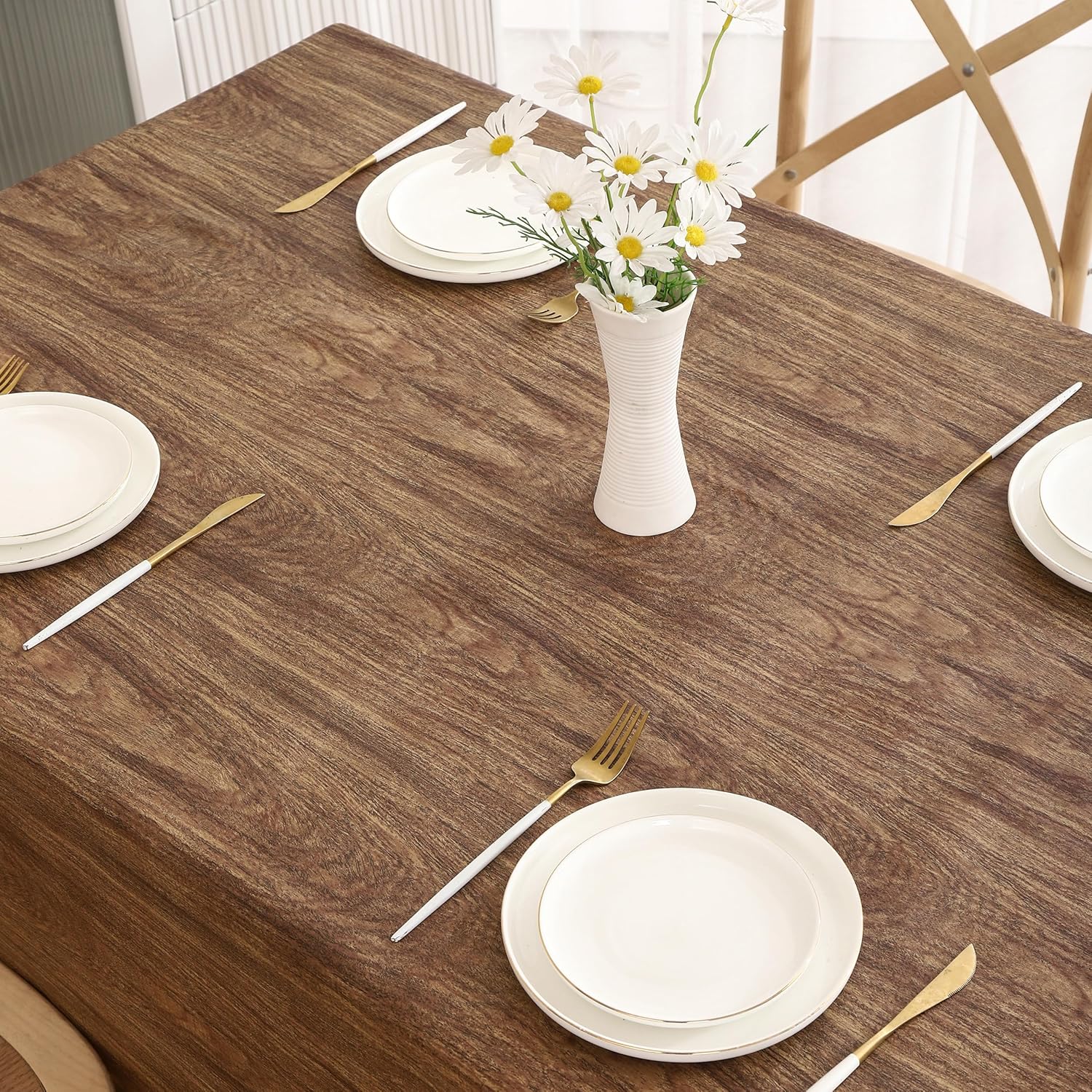 Walrus Heavy Duty Vinyl Tablecloth with Flannel Backing Waterproof Oil-Proof Plastic Table Cloth Stain-Resistant Wipeable Rectangle or Square Table Cover for Indoor and Outdoor (Wood, 60X102 Inch)
