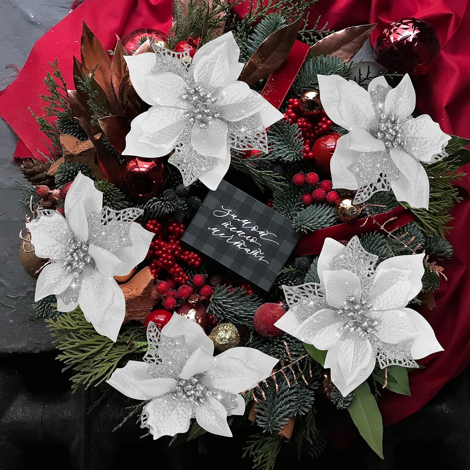 Childom 12 PCS Poinsettia Flower Artificial Poinsettia Christmas Decoration 5.9'' Silver Glitter Poinsettias Christmas Ornaments Xmas Tree Flower Decor with Clips DIY Xmas Wreath Holiday Home Party