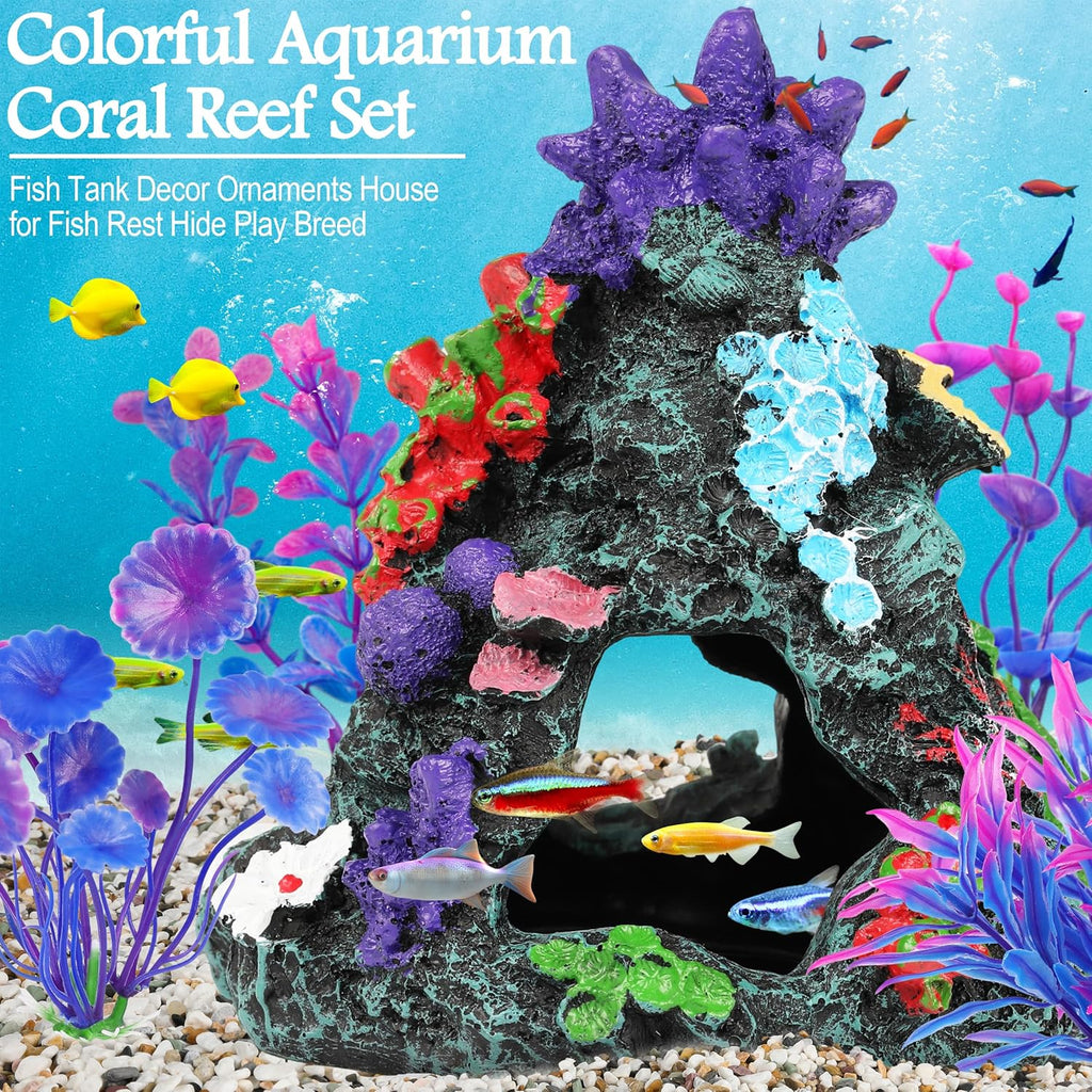 MyLifeUNIT Fish Tank Decorations, 7 Pieces Aquarium Plants Set with Coral Reef Decoration Mountain Cave Ornament for Betta, Goldfish, Shrimp to Breed, Play and Rest (Purple)