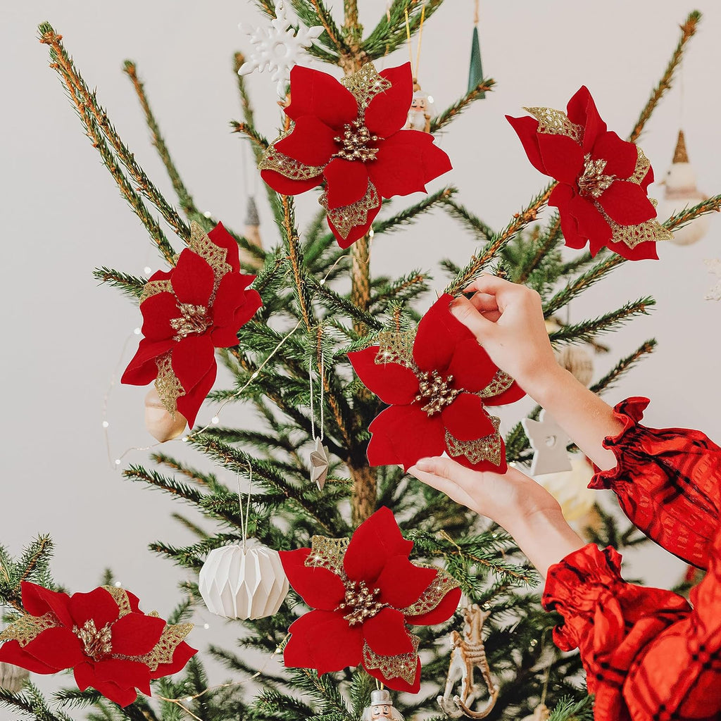 12 PCS Poinsettia Flower Artificial Poinsettia Christmas Decoration 5.9'' Red Glitter Poinsettias Christmas Ornaments Christmas Tree Flower Decor with Clips DIY Xmas Wreath Holiday Home Party Decor
