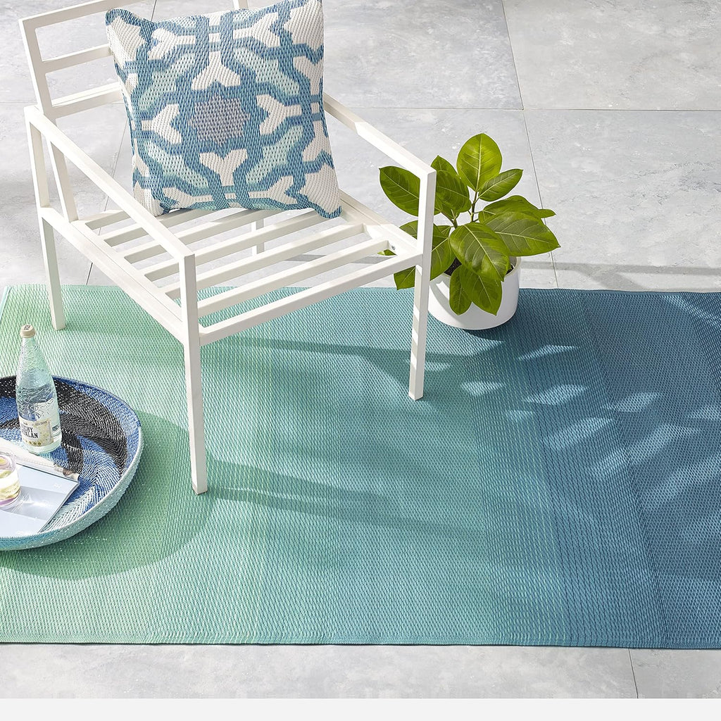 Fab Habitat Ombre Outdoor Rug - Waterproof, Fade Resistant, Crease-Free, Reversible - Premium Recycled Plastic - Patio Porch Balcony Deck - Big Sur Teal - 8x10 ft