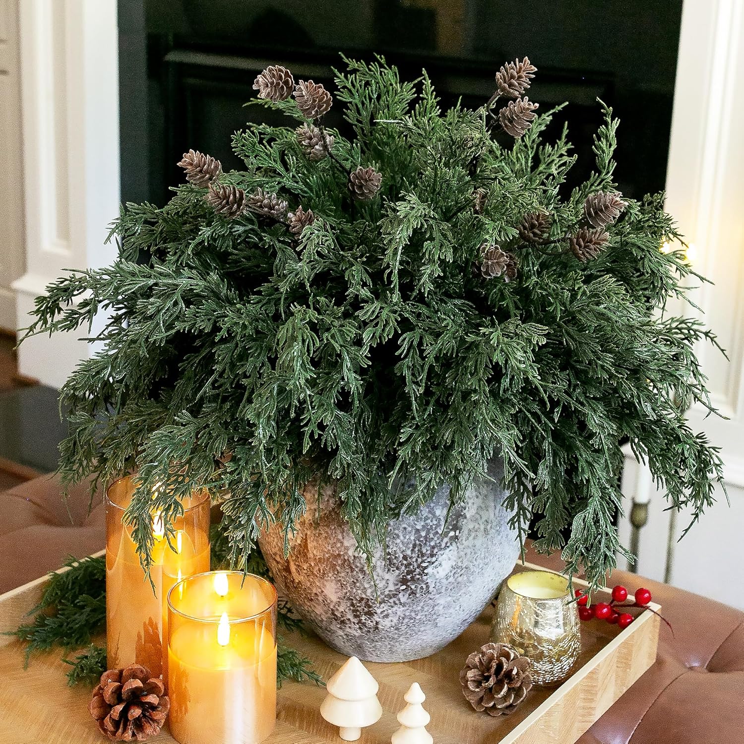 Faux Cedar Stems Artificial Norfolk Pine Branches for Christmas Decor, 12 PCS Fake Pine Stems with 2 PCS Pine Cones Branches Real Touch Realistic Faux Greenery for Vases DIY Garland Xmas Table Indoor