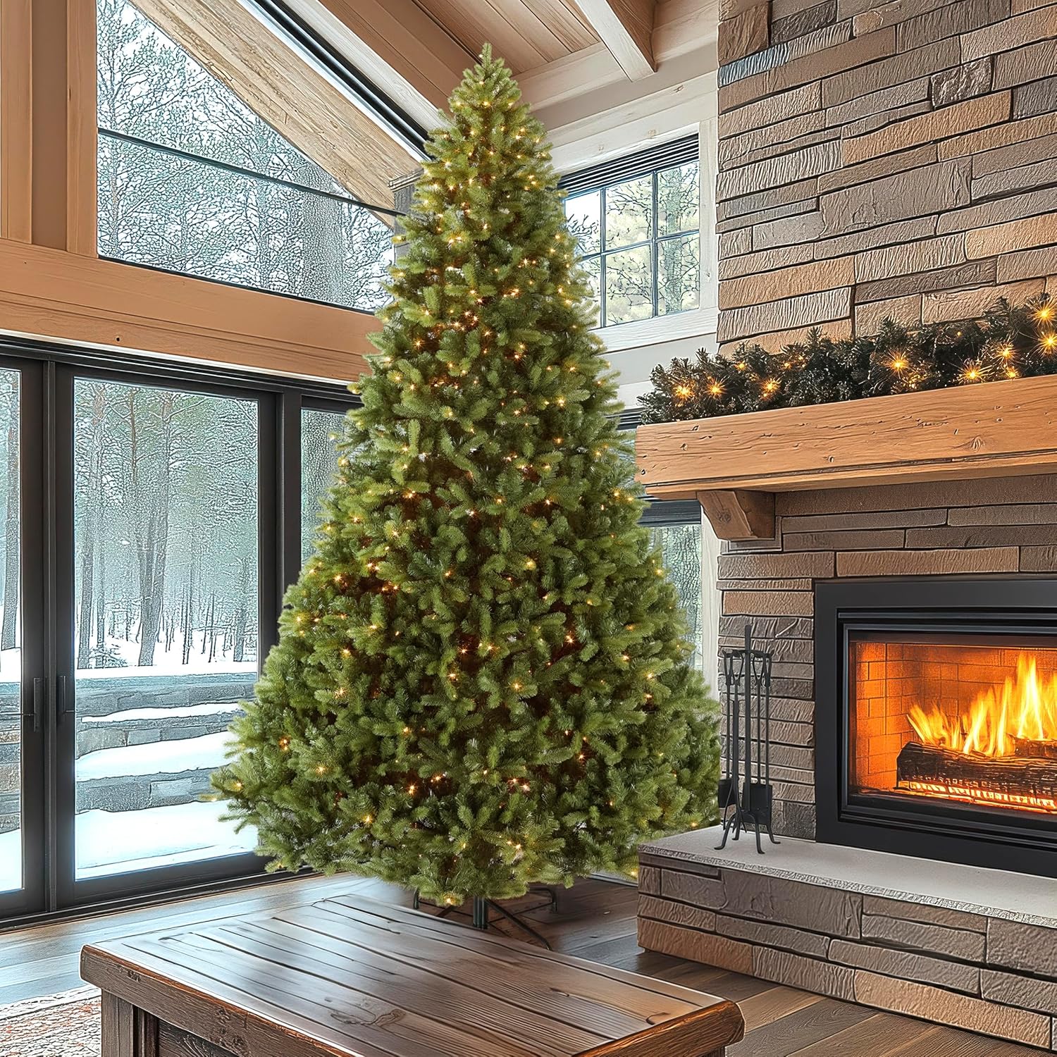 National Tree Company Pre-Lit 'Feel Real' Artificial Giant Full Downswept Christmas Tree, Green, Douglas Fir, White Lights, Includes Stand, 12 feet