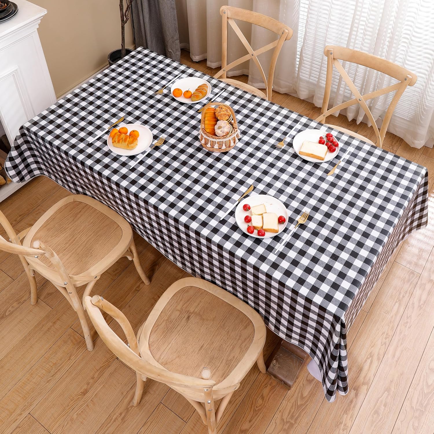Heavy Duty Vinyl Tablecloth with Flannel Backing Waterproof Oil-Proof Plastic Table Cloth Stain-Resistant Wipeable Rectangle or Square Table Cover for Indoor and Outdoor (Black Checkered, 60x102 Inch)