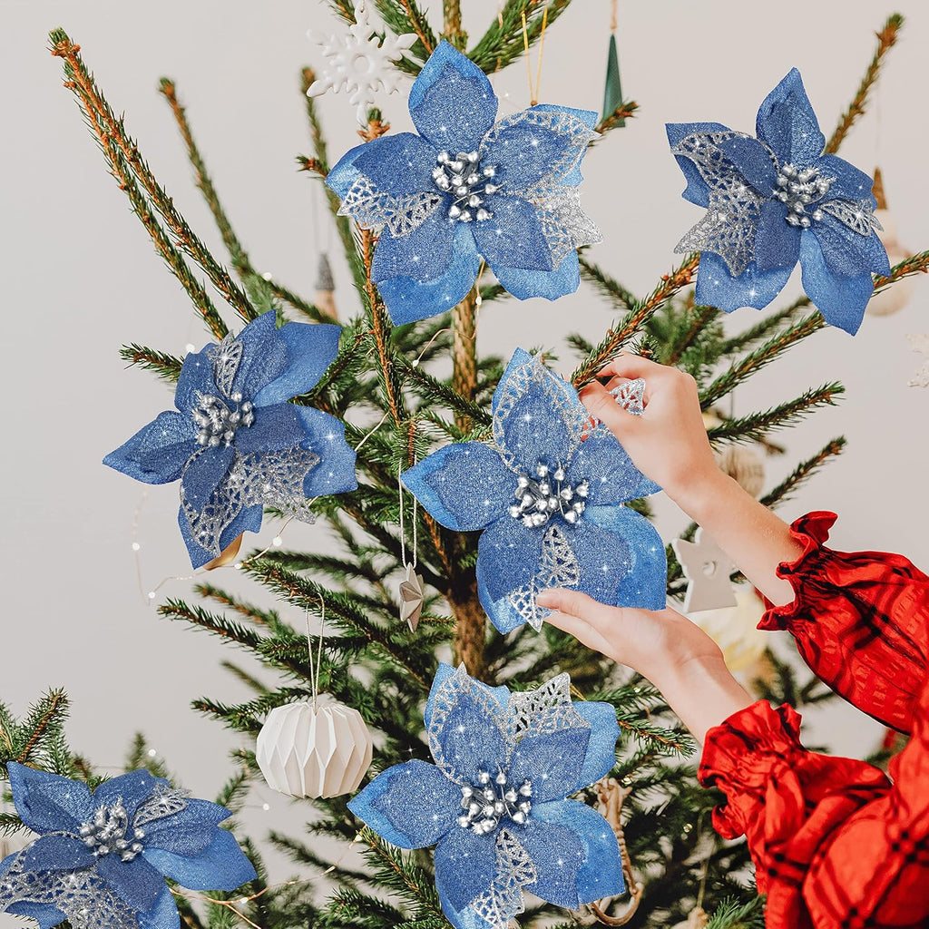 12 PCS Poinsettia Flower Artificial Poinsettia Christmas Decoration 5.9'' Blue Glitter Poinsettias Christmas Ornaments Christmas Tree Flower Decor with Clips DIY Xmas Wreath Holiday Home Party Decor