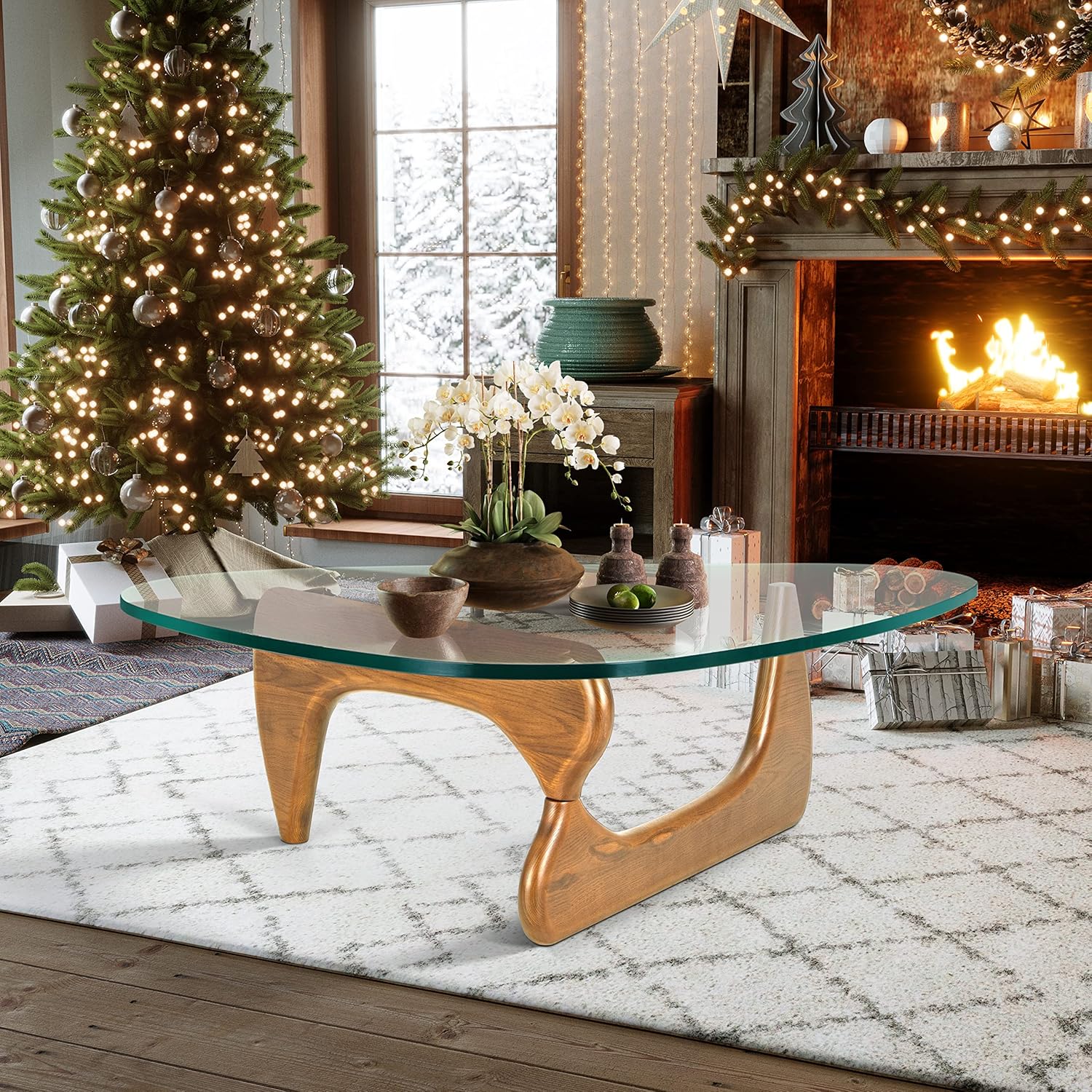 Noguchi Table Triangle Glass Coffee Table Vintage Glass End Table, Solid Wood Base and Triangle Clear Glass Top Modern End Table for Living Room, Patio, Study (Light Walnut)