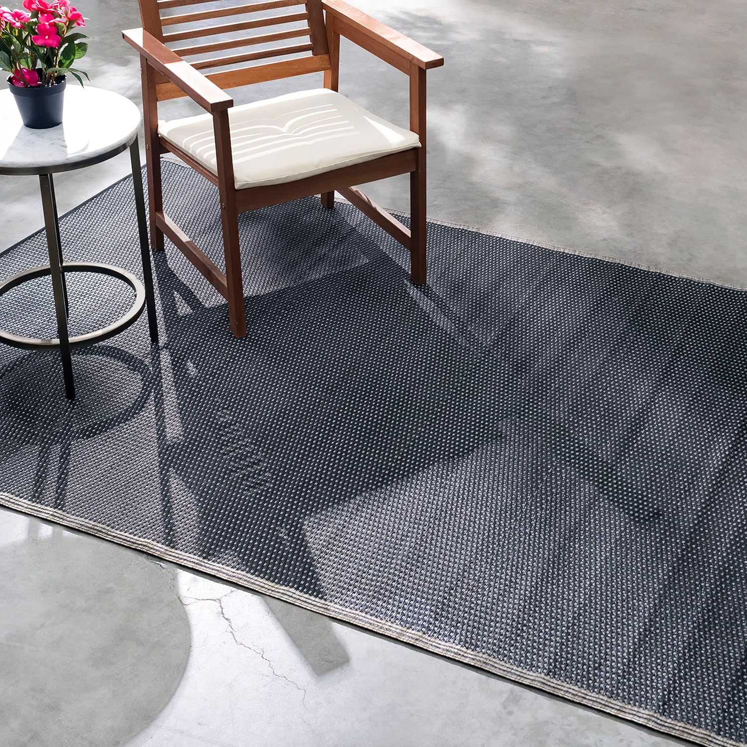 Fab Habitat Outdoor Rug - Waterproof, Fade Resistant, Crease-Free - Premium Recycled Plastic - Neutral Striped - Large Patio, Deck, Sunroom, Camping, RV - Cancun Shadow - Sand & Black - 6 x 9 ft