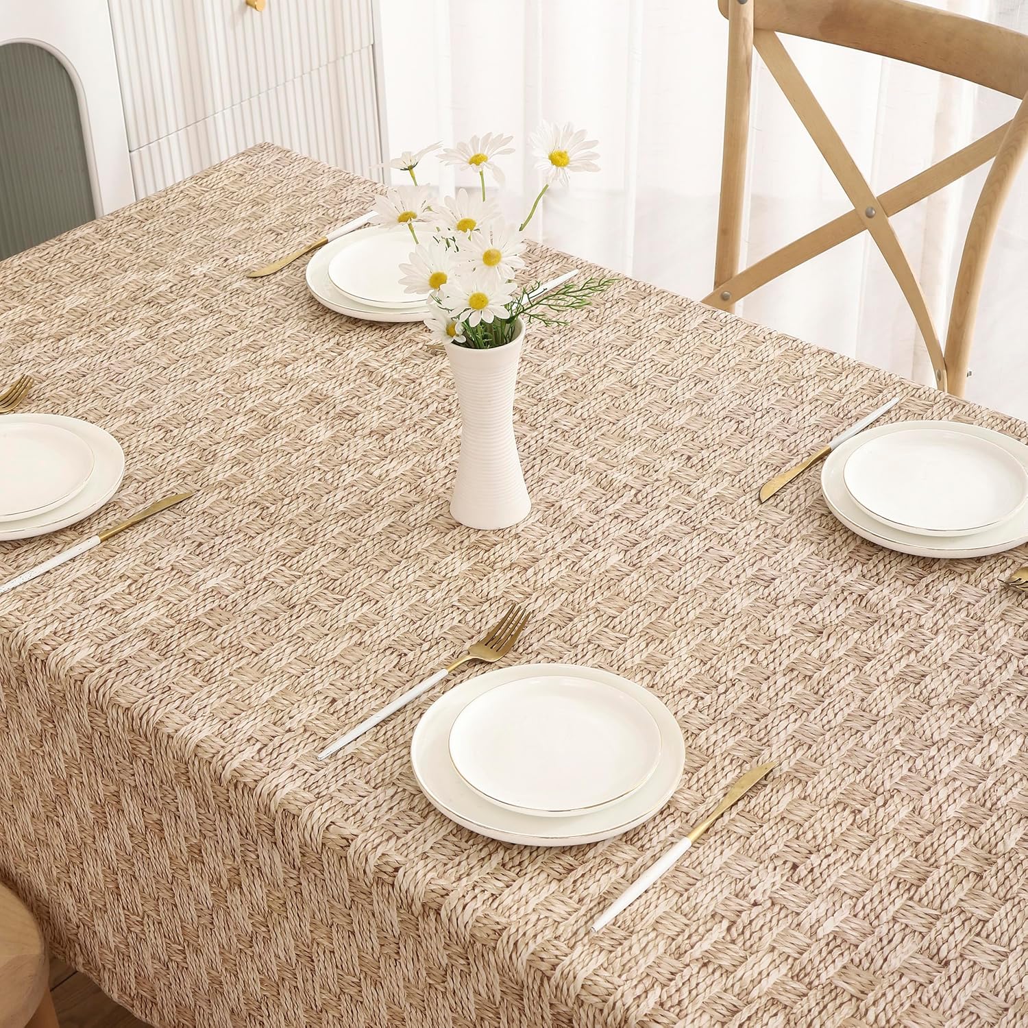 Walrus Heavy Duty Vinyl Tablecloth with Flannel Backing Waterproof Oil-Proof Plastic Table Cloth Stain-Resistant Wipeable Rectangle or Square Table Cover for Indoor and Outdoor (Weave, 60X84 Inch)