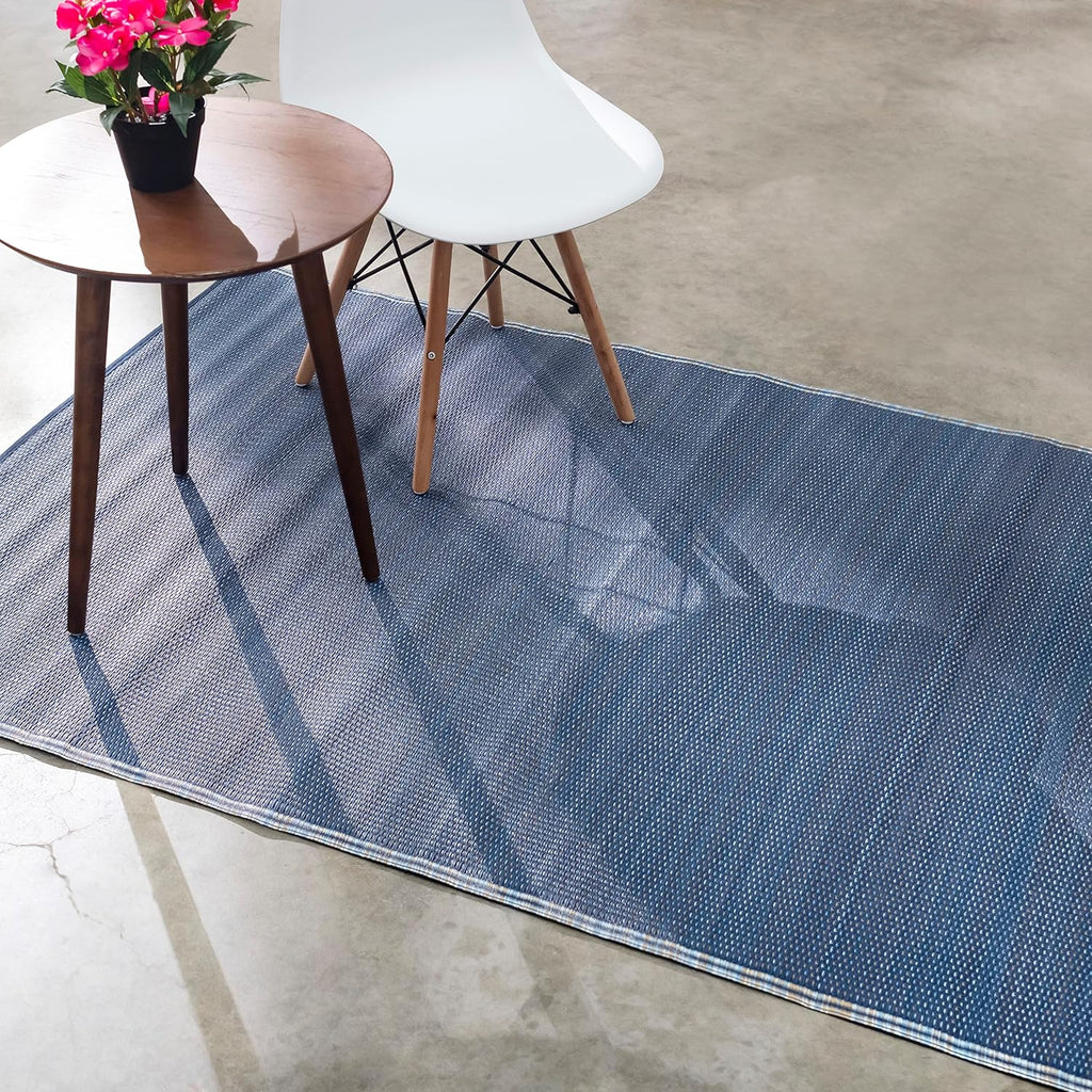 Fab Habitat Outdoor Rug - Waterproof, Fade Resistant, Crease-Free - Premium Recycled Plastic - Striped - Patio, Deck, Porch, Balcony, Laundry Room - Cancun - Shadow Blue - 4 x 6 ft