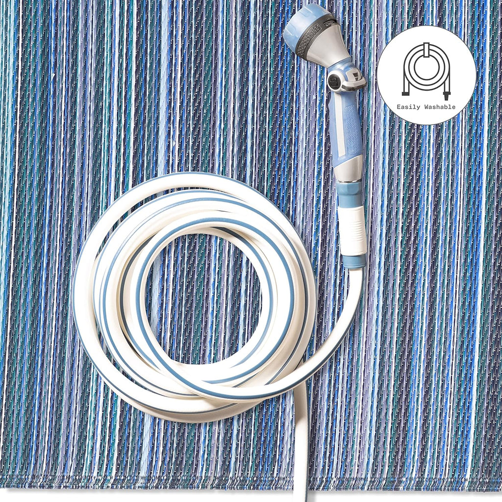 Fab Habitat Outdoor Rug - Waterproof, Fade Resistant, Crease-Free - Premium Recycled Plastic - Striped - Patio, Porch, Deck, Balcony - Cancun - Indigo - 5 x 8 ft