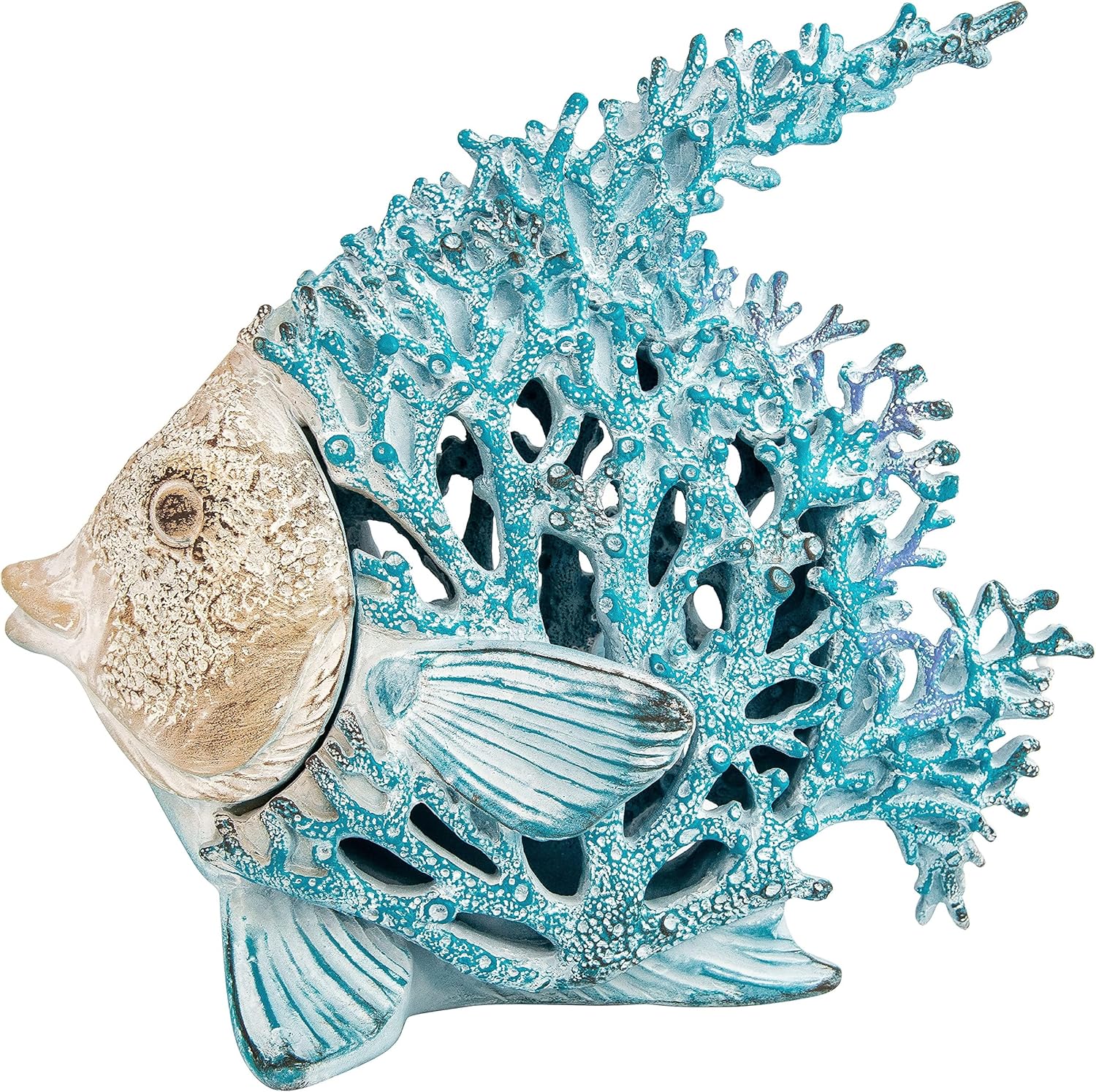 Ocean Decor Coral Reef Angelfish Sculpture Beach Home Decor Coastal Tabletop Collection 12 in x 11 in (Turquoise)