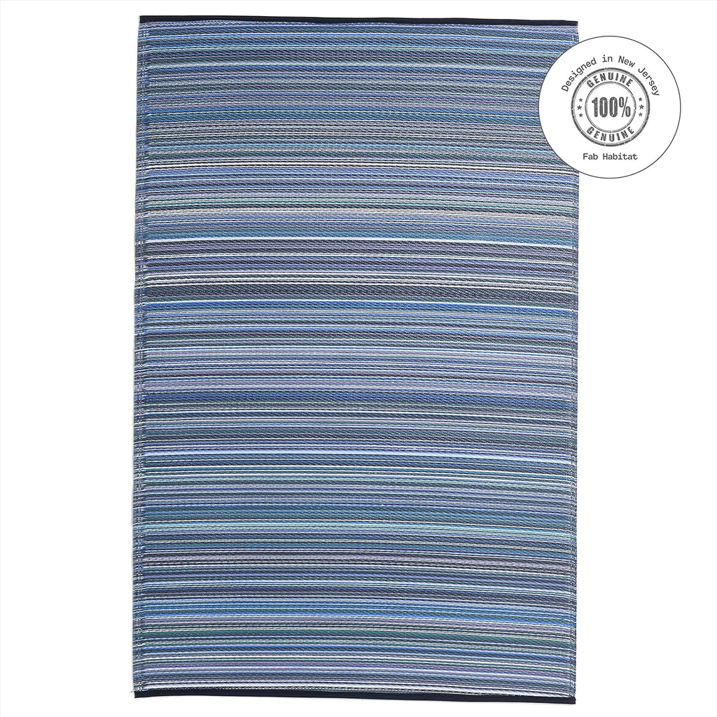 Fab Habitat Striped Outdoor Rug - Waterproof, Fade Resistant, Crease-Free, Reversible - Premium Recycled Plastic - Patio Porch Balcony Deck - Cancun Indigo - 8x10 ft