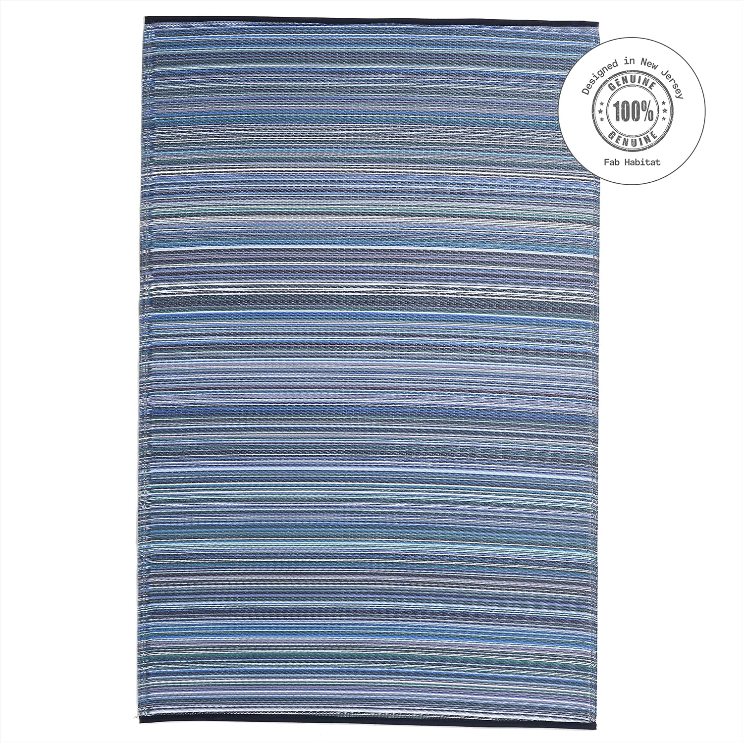 Fab Habitat Striped Outdoor Rug - Waterproof, Fade Resistant, Crease-Free, Reversible - Premium Recycled Plastic - Patio Porch Balcony Deck - Cancun Indigo - 8x10 ft