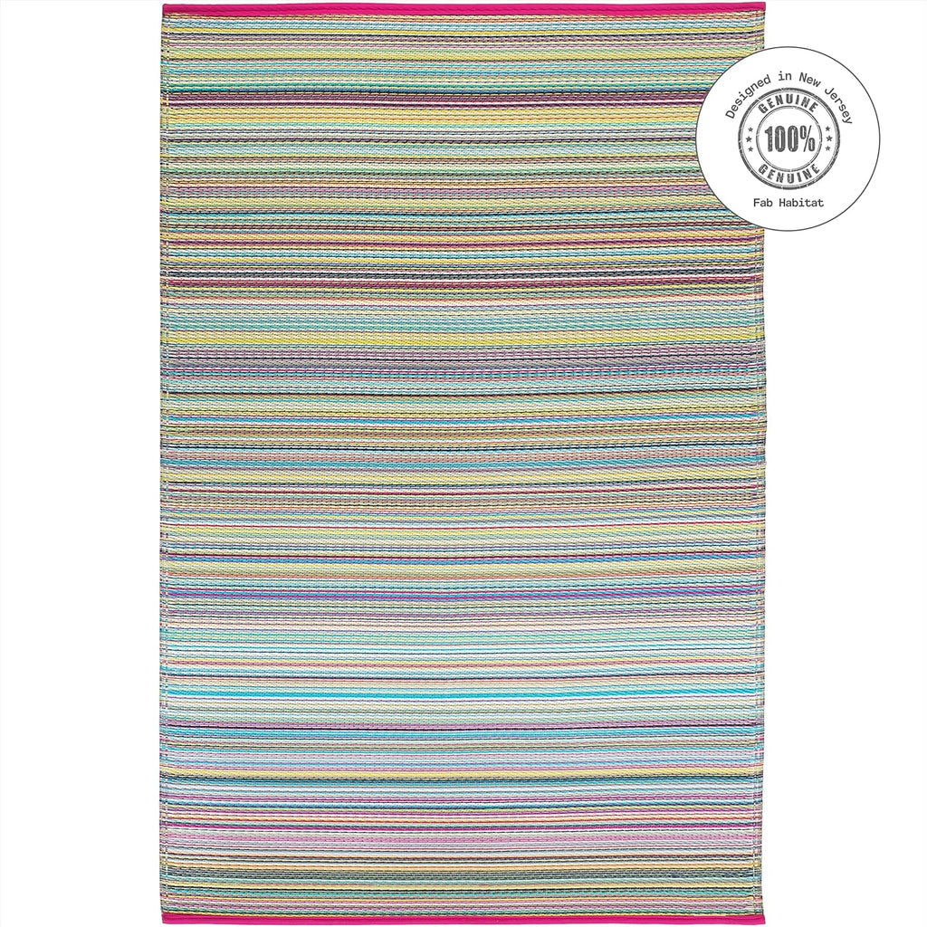Fab Habitat Outdoor Rug - Waterproof, Fade Resistant, Crease-Free - Premium Recycled Plastic - Striped - Porch, Deck, Balcony, Mudroom, Laundry Room, Patio - Cancun - Candy - 8 x 8 ft Square