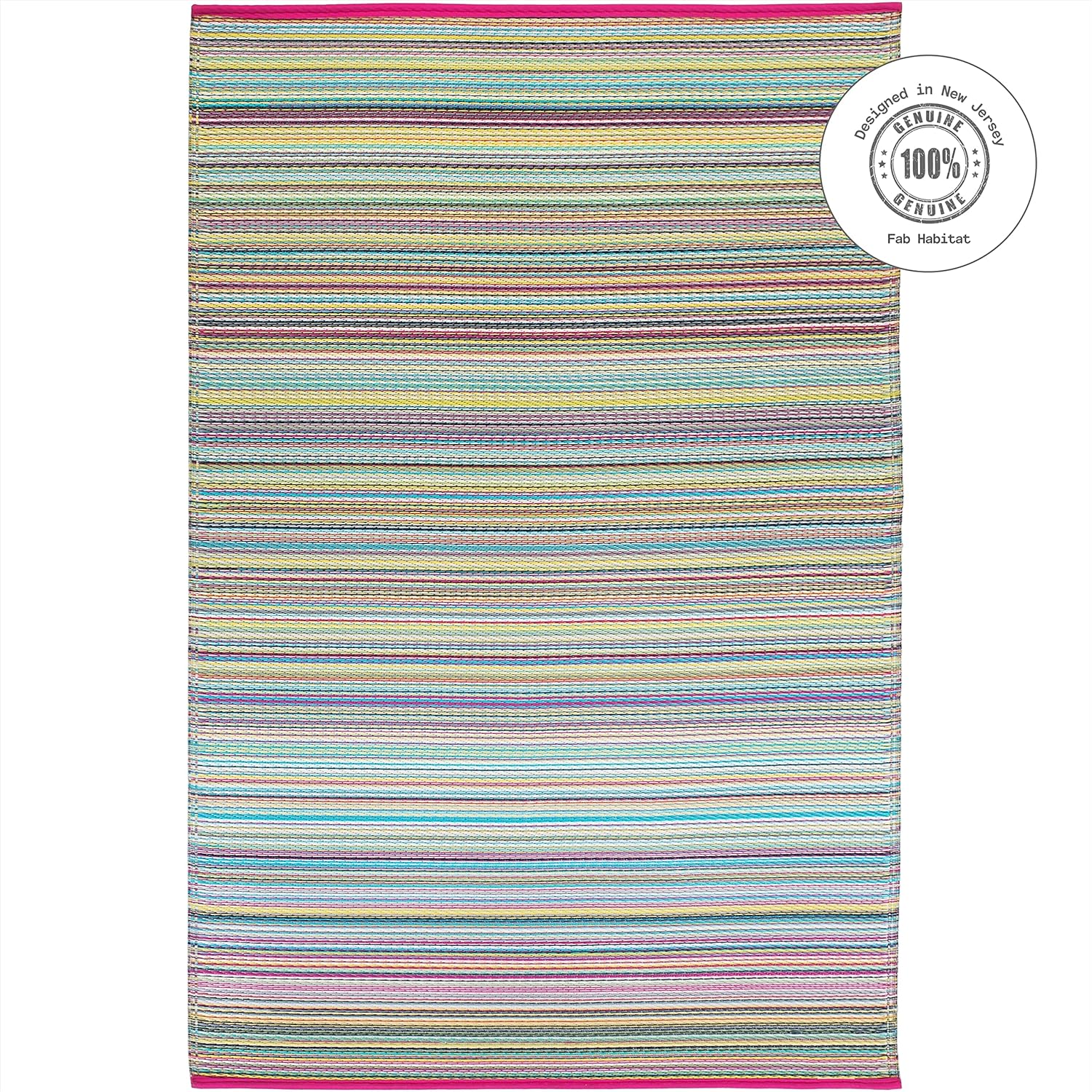 Fab Habitat Outdoor Rug - Waterproof, Fade Resistant, Crease-Free - Premium Recycled Plastic - Striped - Porch, Deck, Balcony, Mudroom, Laundry Room, Patio - Cancun - Candy - 8 x 8 ft Square