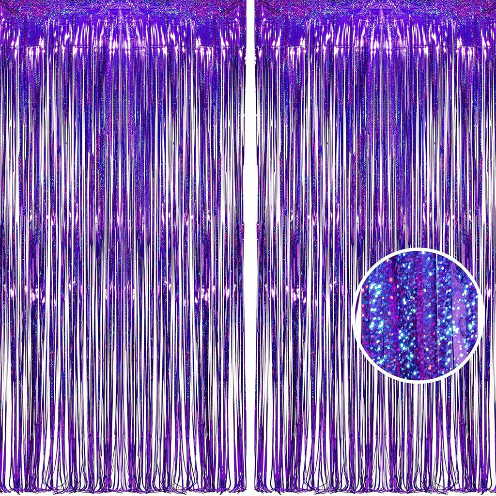 BRAVESHINE Purple Tinsel Foil Fringe Curtains - 2Pcs 3.2x8.2ft Metallic Streamers Backdrop for Christmas/Hunters/Girl/Women/Birthdays/Bridal Shower/Bachelorette/Anniversary/Engagement Party Decor