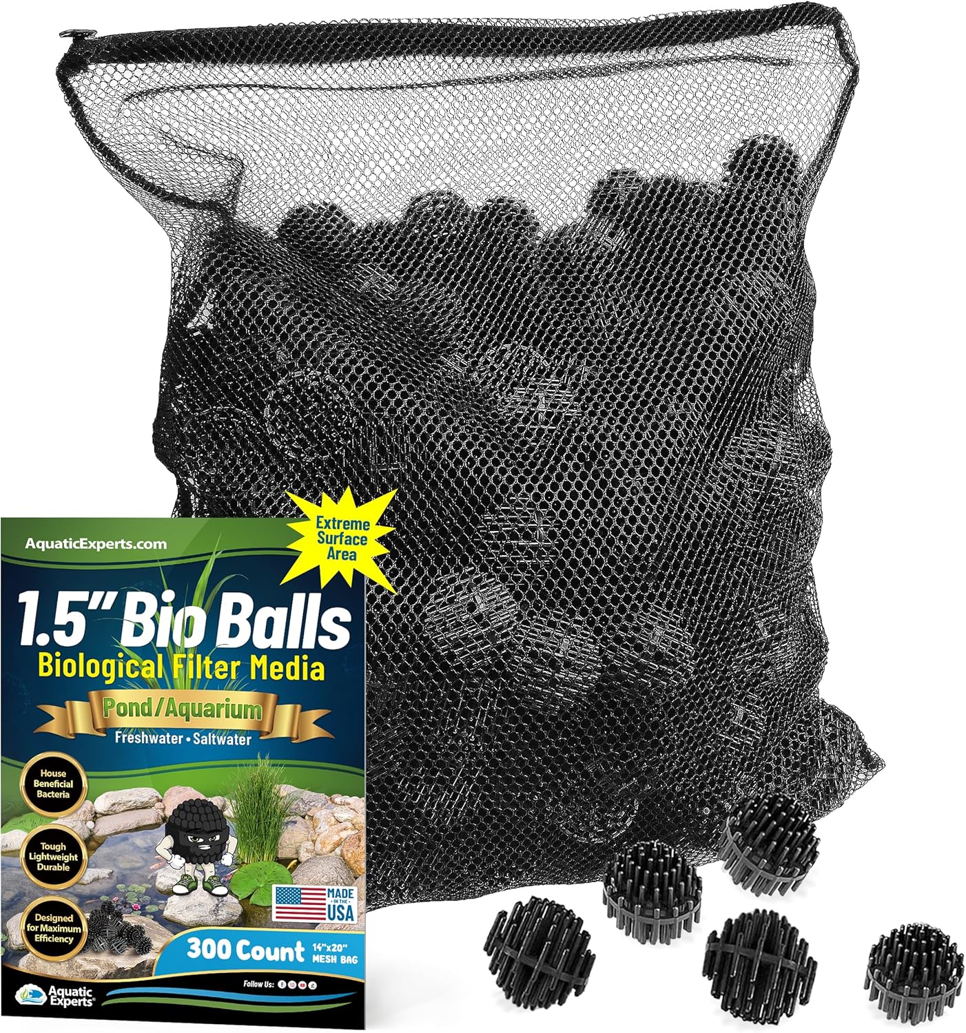 Aquatic Experts Bio Balls Filter Media Bulk, 1.5 Inch Large Bio Balls for Pond & Aquarium Filters, Pond Filter Media for Outdoor Ponds, (300 Count with 14" x 20" Mesh Bag, 1.5 Inch)