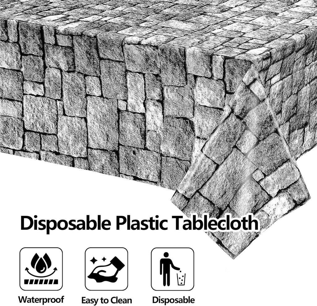 Stone Wall Tablecloths Medieval Castle Knight Themed Party Decorations 54" x 108" Halloween Plastic Tablecovers for Home Indoor Outdoor Birthday Party Supplies 2 Pack