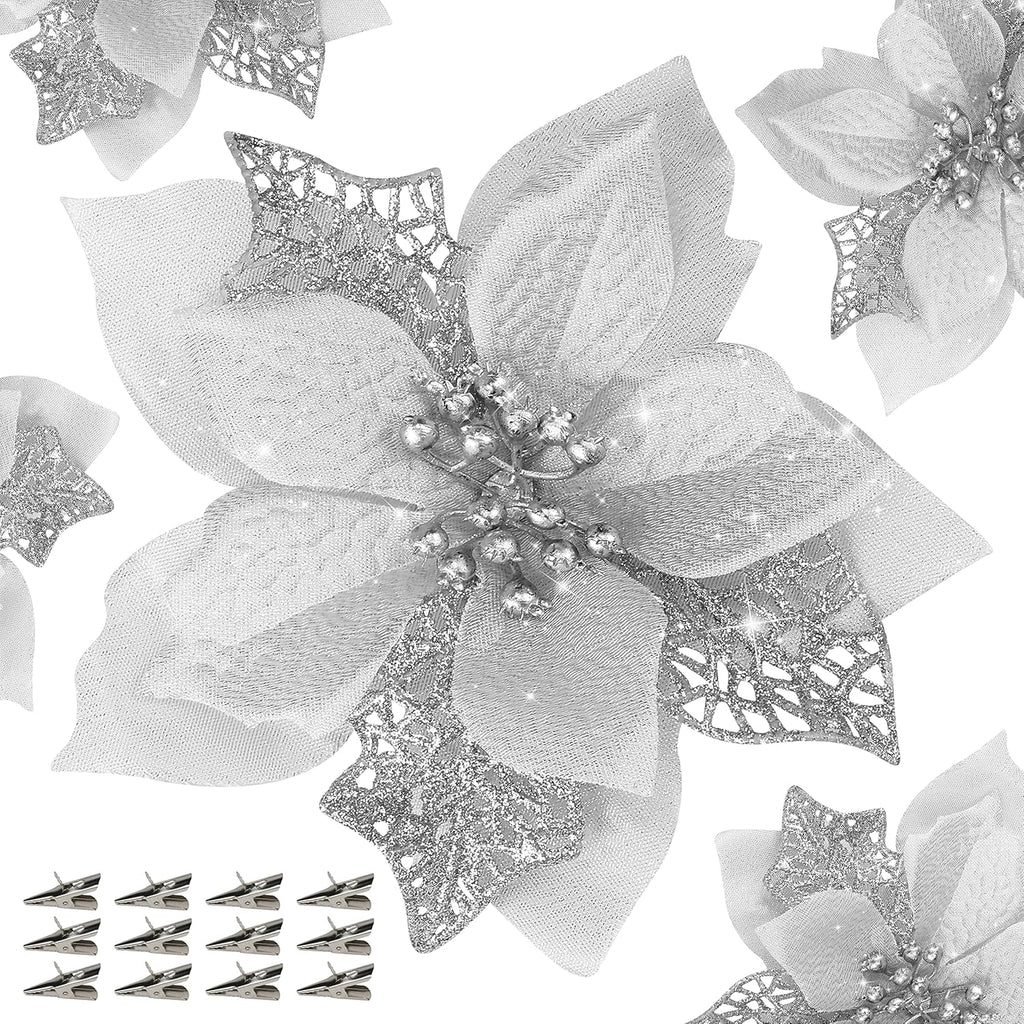 Childom 12 PCS Poinsettia Flower Artificial Poinsettia Christmas Decoration 5.9'' Silver Glitter Poinsettias Christmas Ornaments Xmas Tree Flower Decor with Clips DIY Xmas Wreath Holiday Home Party